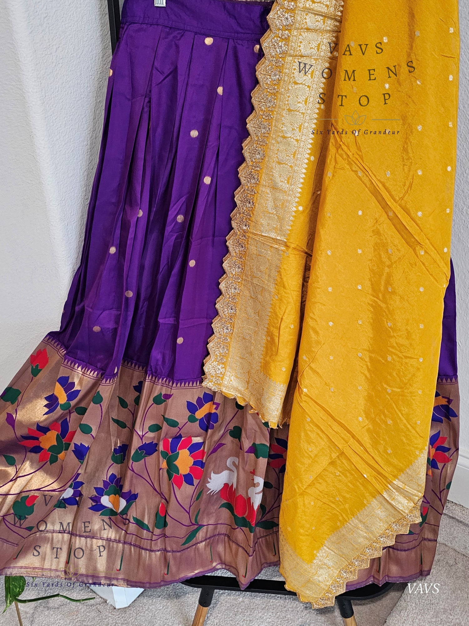 Purple Semi Benarasi Paithani Half Saree Lehenga Set Paired With Yellow Munga Silk Dupatta