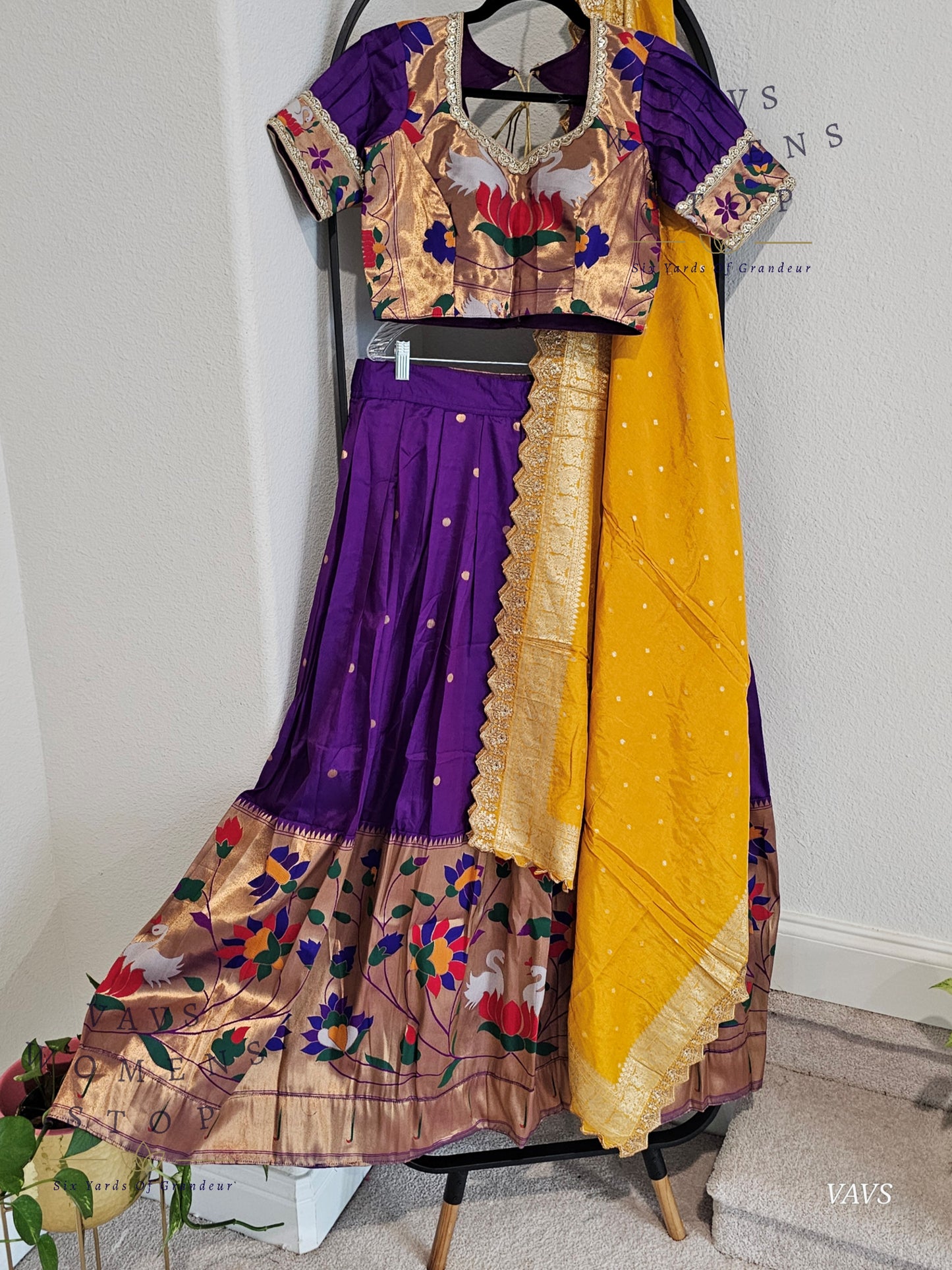 Purple Semi Benarasi Paithani Half Saree Lehenga Set Paired With Yellow Munga Silk Dupatta
