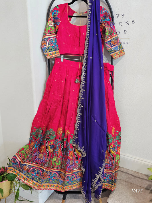 Mythical Animal Motif Embroidered Pink Half Saree Set – Munga Benarasi Crepe Silk Lehenga for Weddings & Festive Celebrations - VAVS WOMENS STOP