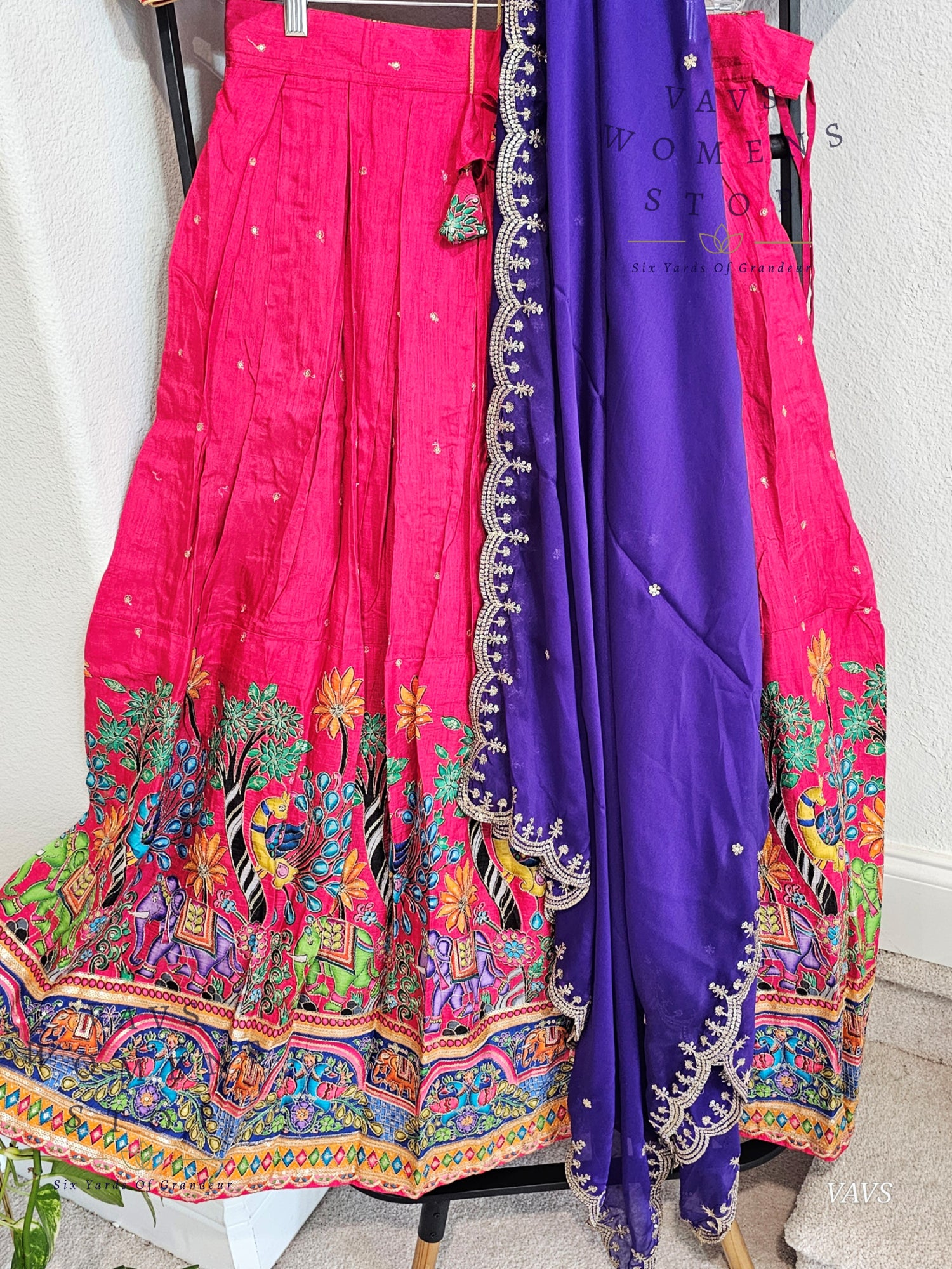 Mythical Animal Motif Embroidered Pink Half Saree Set – Munga Benarasi Crepe Silk Lehenga for Weddings & Festive Celebrations - VAVS WOMENS STOP