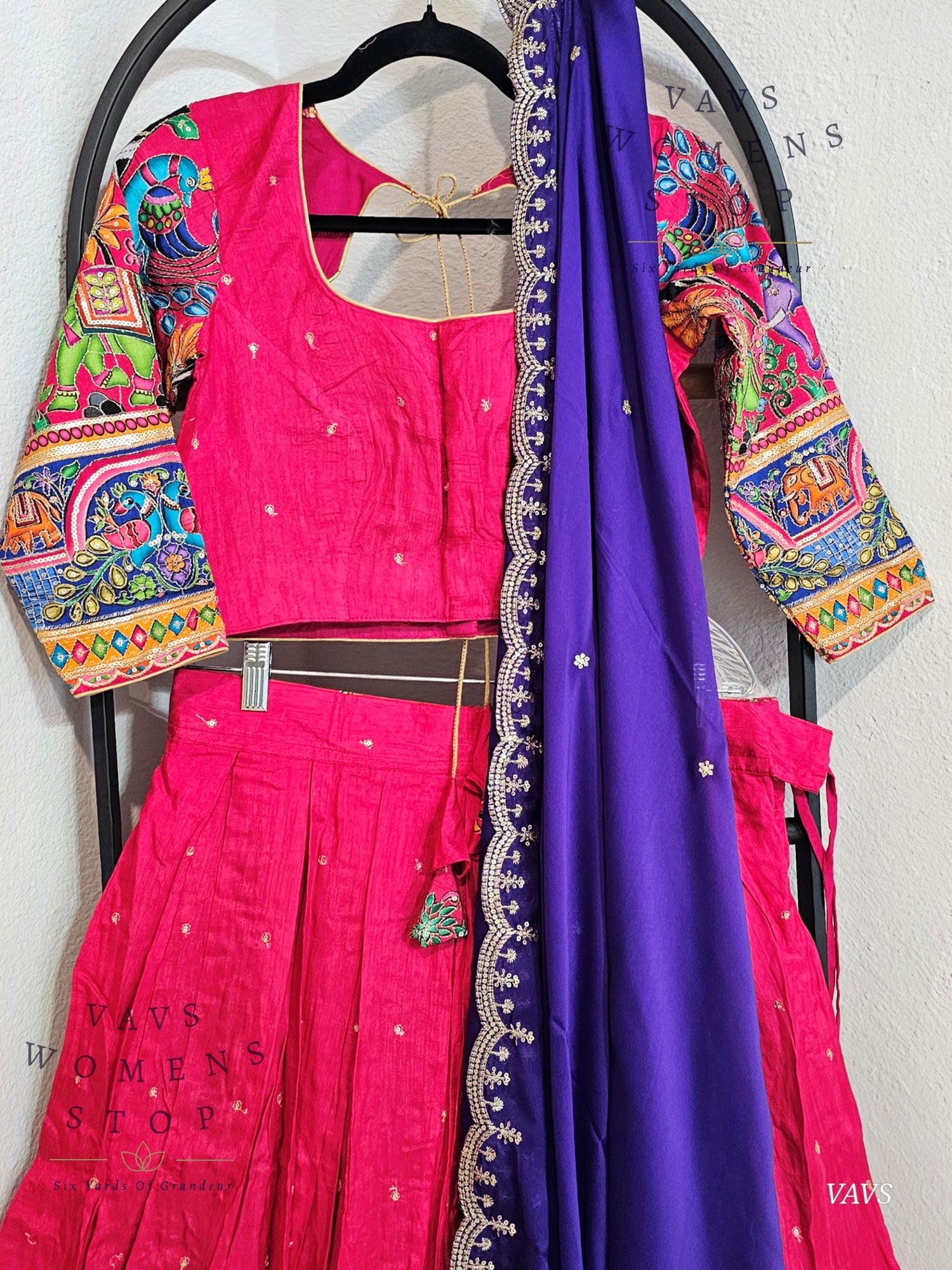 Mythical Animal Motif Embroidered Pink Half Saree Set – Munga Benarasi Crepe Silk Lehenga for Weddings & Festive Celebrations - VAVS WOMENS STOP