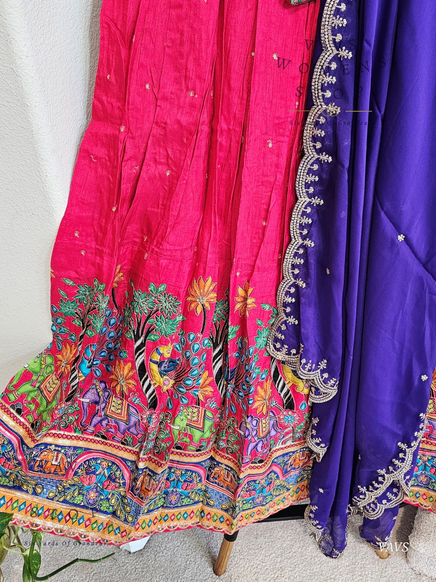 Mythical Animal Motif Embroidered Pink Half Saree Set – Munga Benarasi Crepe Silk Lehenga for Weddings & Festive Celebrations - VAVS WOMENS STOP