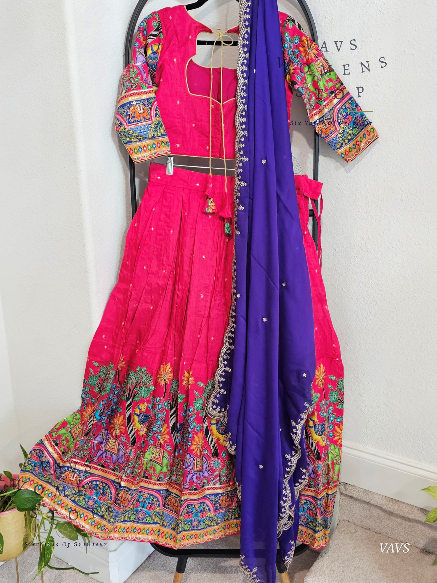 Mythical Animal Motif Embroidered Pink Half Saree Set – Munga Benarasi Crepe Silk Lehenga for Weddings & Festive Celebrations - VAVS WOMENS STOP