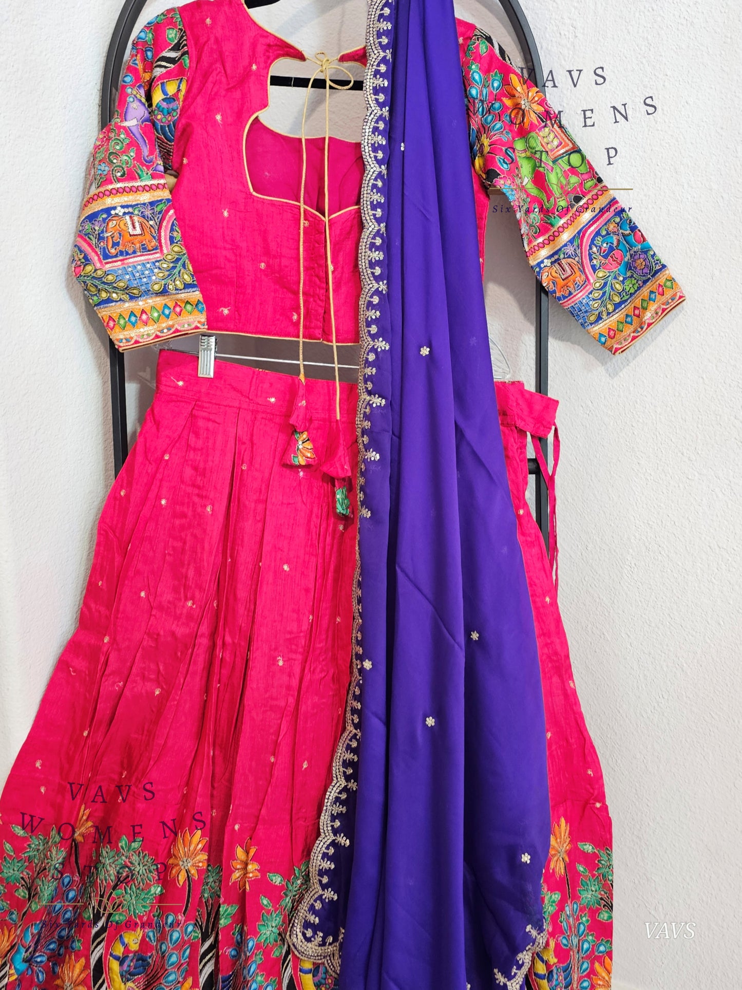 Mythical Animal Motif Embroidered Pink Half Saree Set – Munga Benarasi Crepe Silk Lehenga for Weddings & Festive Celebrations - VAVS WOMENS STOP