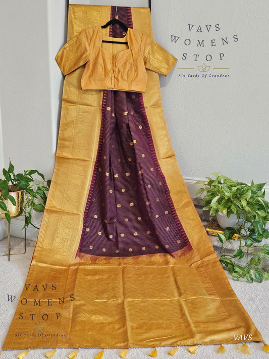 Unique Wine Purple Shade Semi Gadwal Silk Saree with California Peach Shade Border | Stitched Blouse | Traditional Festive Wear | Ready to Ship USA