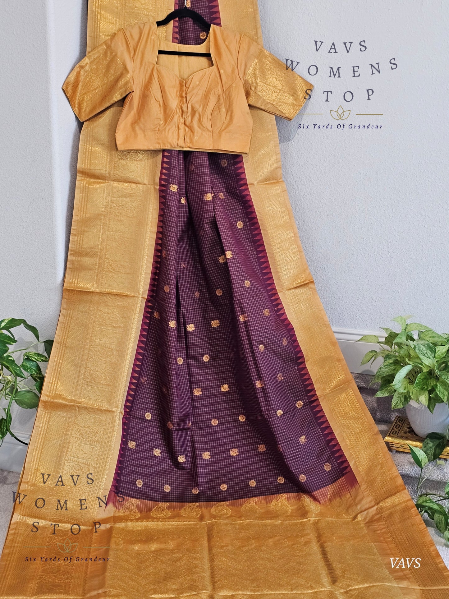 Unique Wine Purple Shade Semi Gadwal Silk Saree with California Peach Shade Border | Stitched Blouse | Traditional Festive Wear | Ready to Ship USA