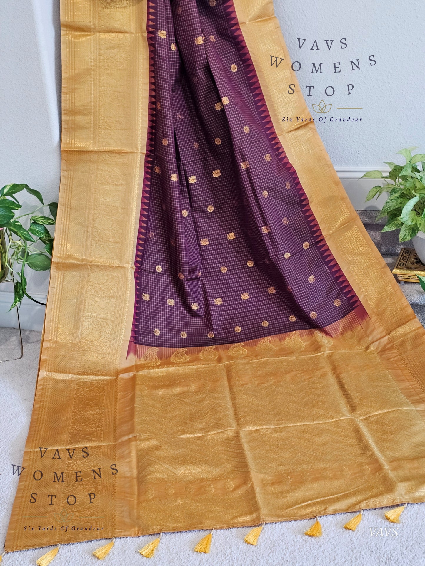 Unique Wine Purple Shade Semi Gadwal Silk Saree with California Peach Shade Border | Stitched Blouse | Traditional Festive Wear | Ready to Ship USA