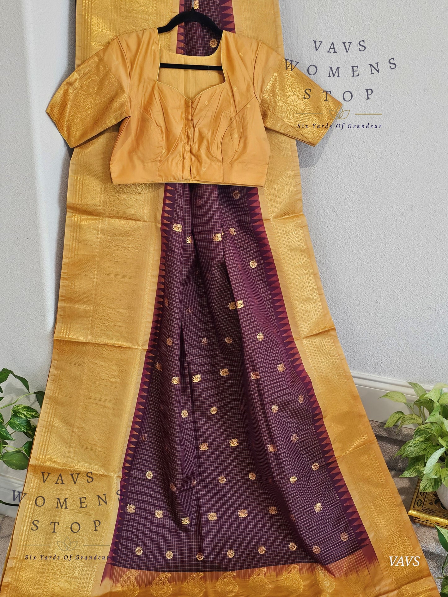 Unique Wine Purple Shade Semi Gadwal Silk Saree with California Peach Shade Border | Stitched Blouse | Traditional Festive Wear | Ready to Ship USA