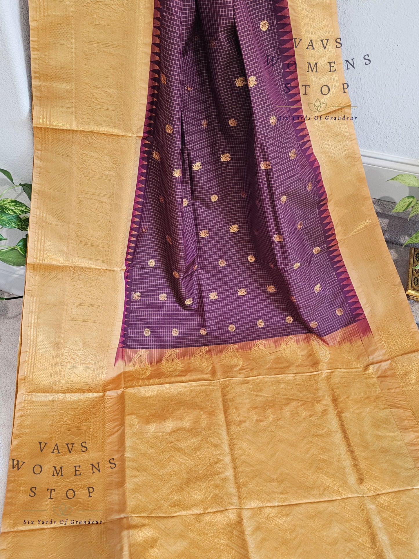 Unique Wine Purple Shade Semi Gadwal Silk Saree with California Peach Shade Border | Stitched Blouse | Traditional Festive Wear | Ready to Ship USA