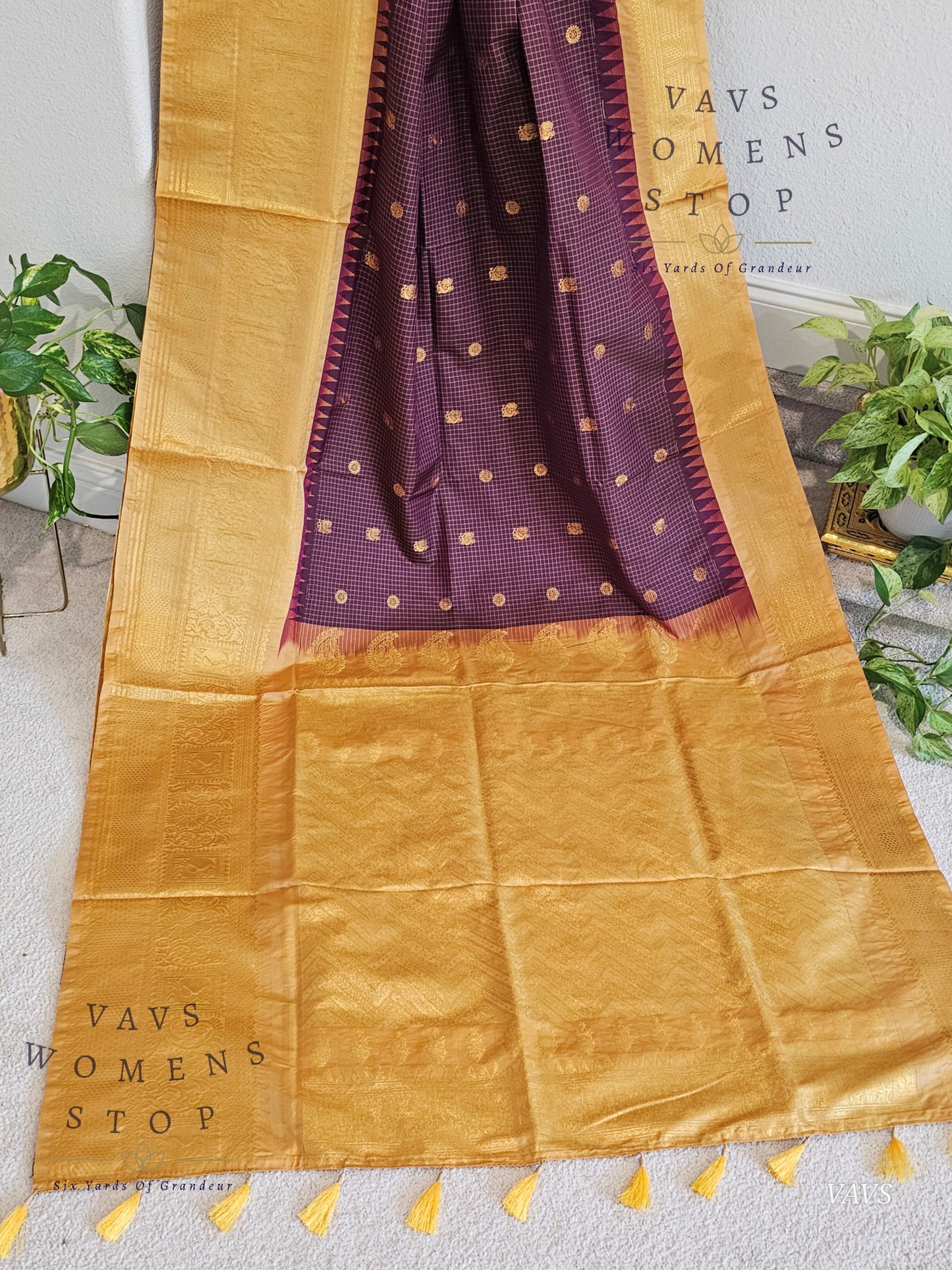 Unique Wine Purple Shade Semi Gadwal Silk Saree with California Peach Shade Border | Stitched Blouse | Traditional Festive Wear | Ready to Ship USA