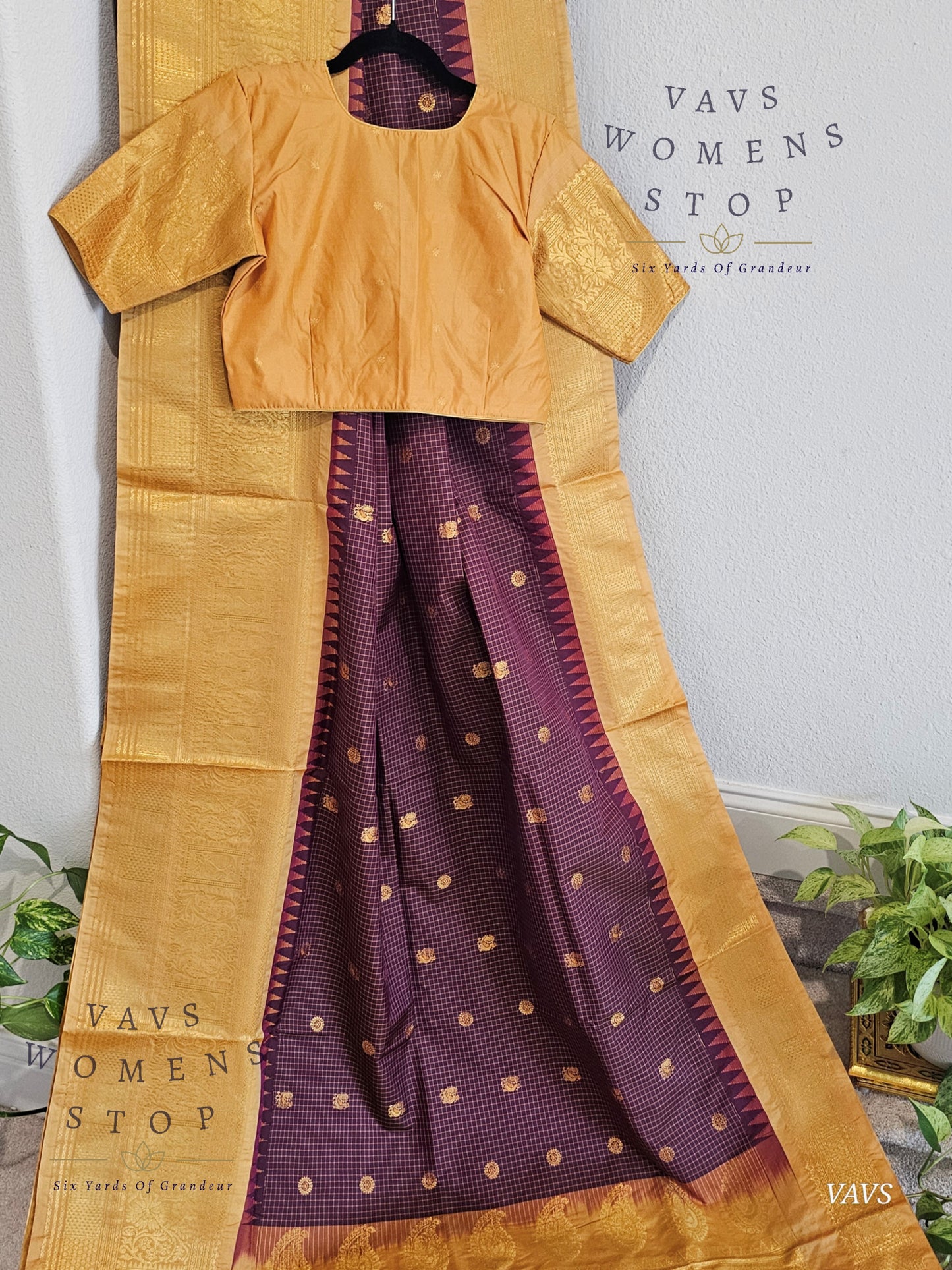 Unique Wine Purple Shade Semi Gadwal Silk Saree with California Peach Shade Border | Stitched Blouse | Traditional Festive Wear | Ready to Ship USA