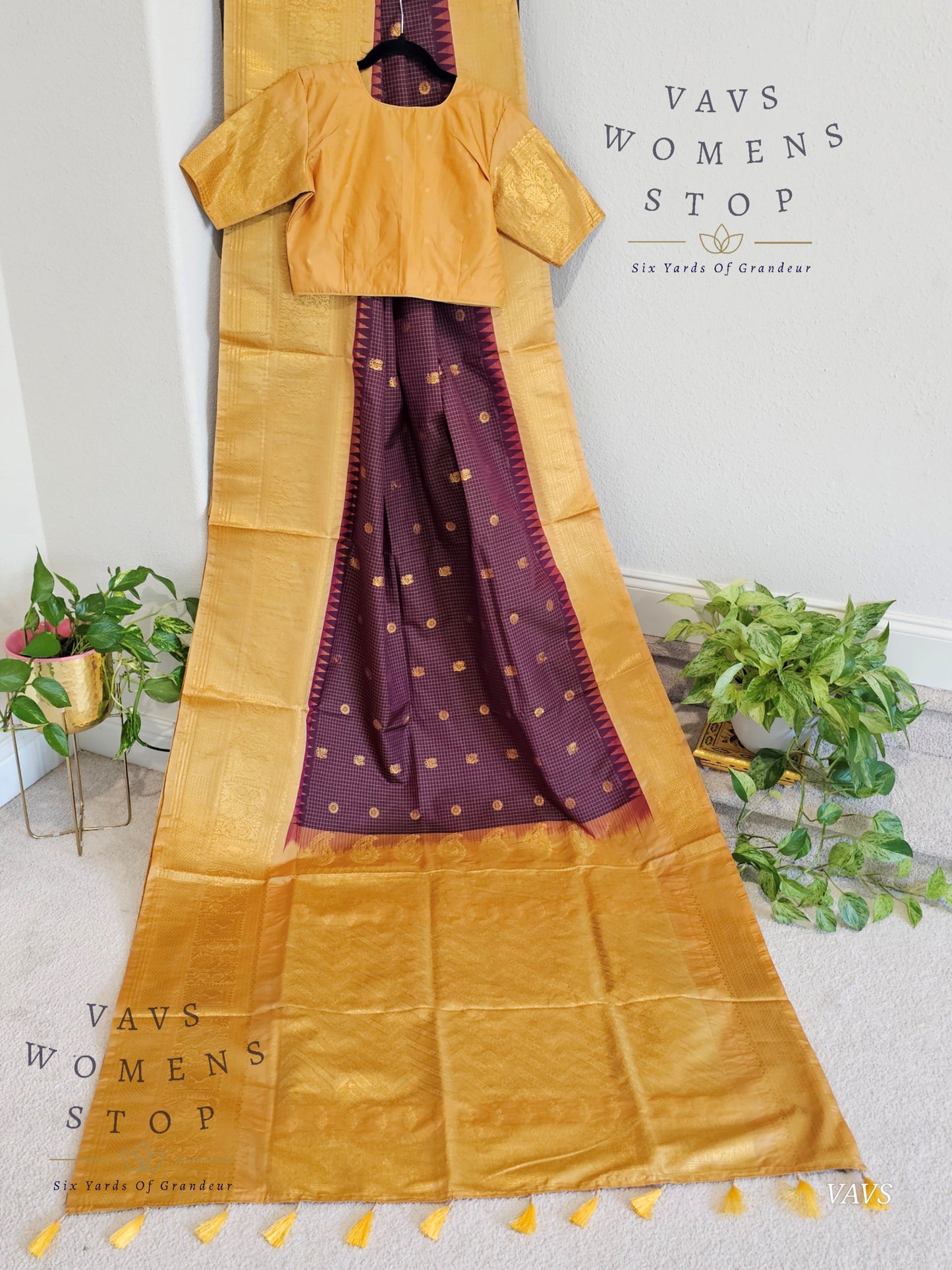Unique Wine Purple Shade Semi Gadwal Silk Saree with California Peach Shade Border | Stitched Blouse | Traditional Festive Wear | Ready to Ship USA