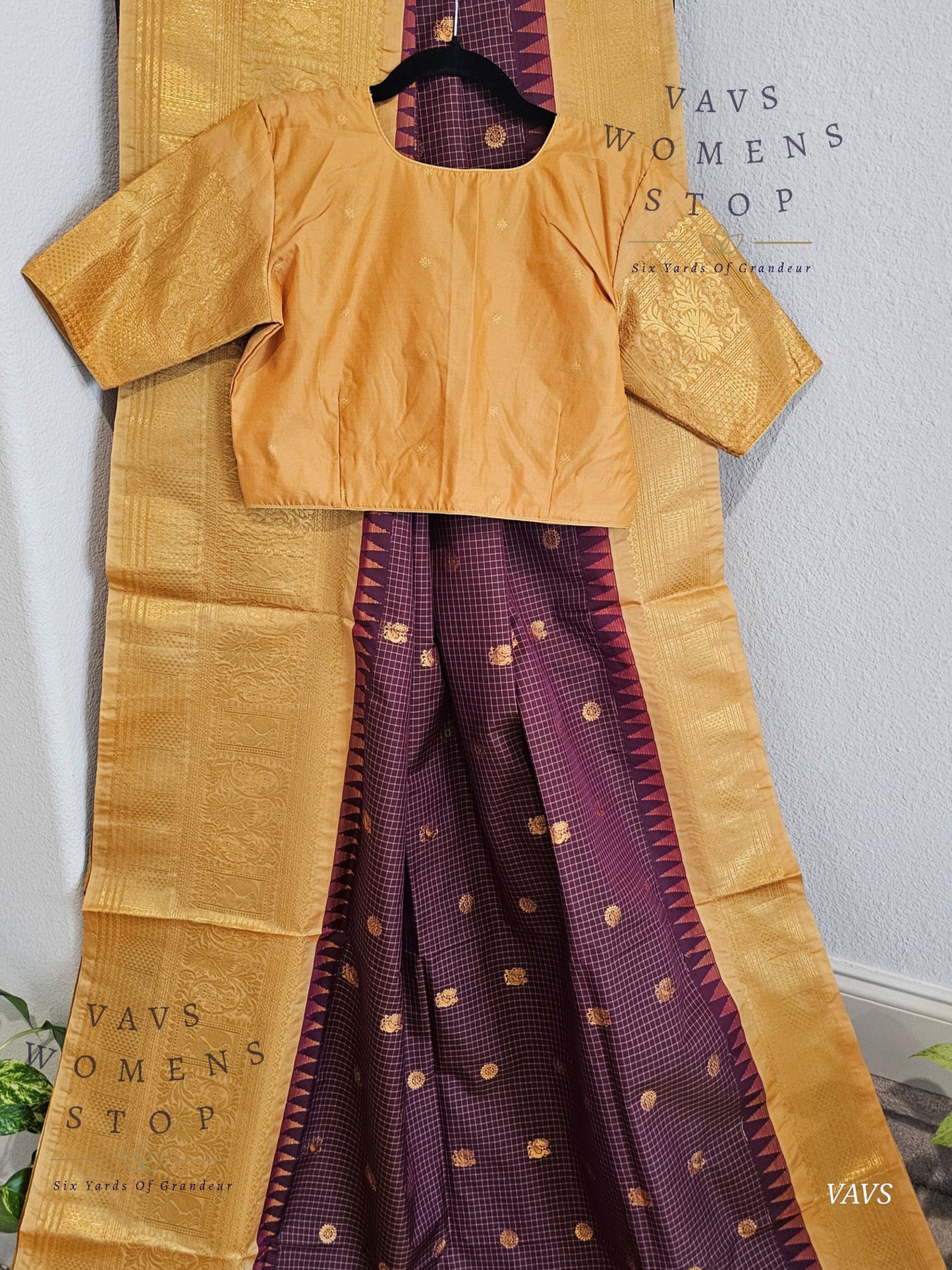 Unique Wine Purple Shade Semi Gadwal Silk Saree with California Peach Shade Border | Stitched Blouse | Traditional Festive Wear | Ready to Ship USA