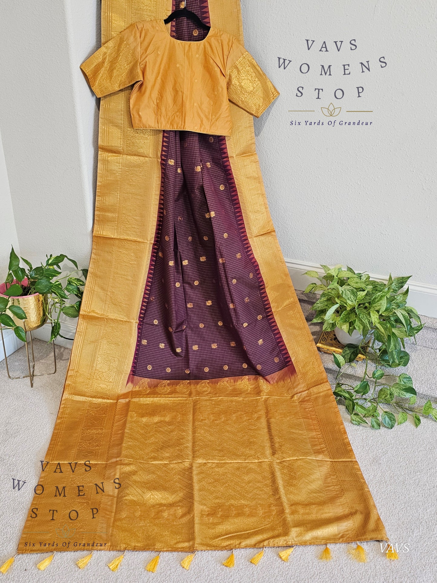 Unique Wine Purple Shade Semi Gadwal Silk Saree with California Peach Shade Border | Stitched Blouse | Traditional Festive Wear | Ready to Ship USA