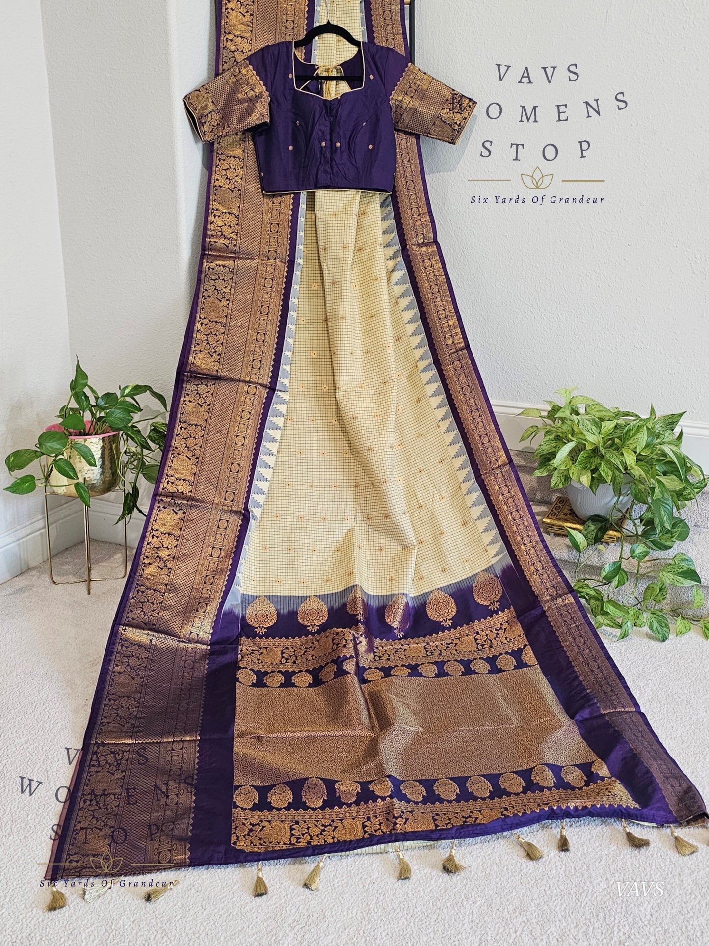 Cream Checks Semi Gadwal Saree with Purple Border – Traditional Classy Combination | Ready to Ship USA