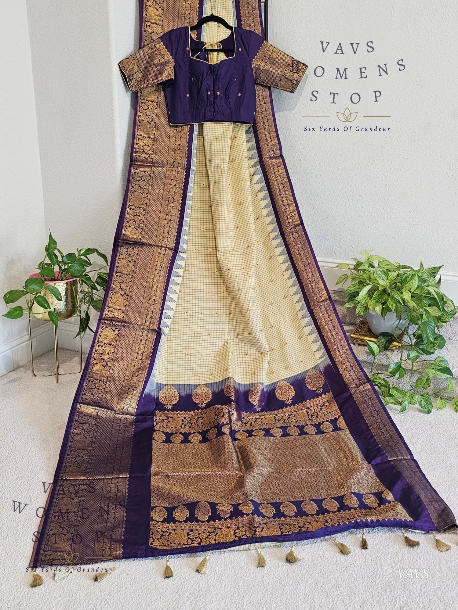 Cream Checks Semi Gadwal Saree with Purple Border – Traditional Classy Combination | Ready to Ship USA