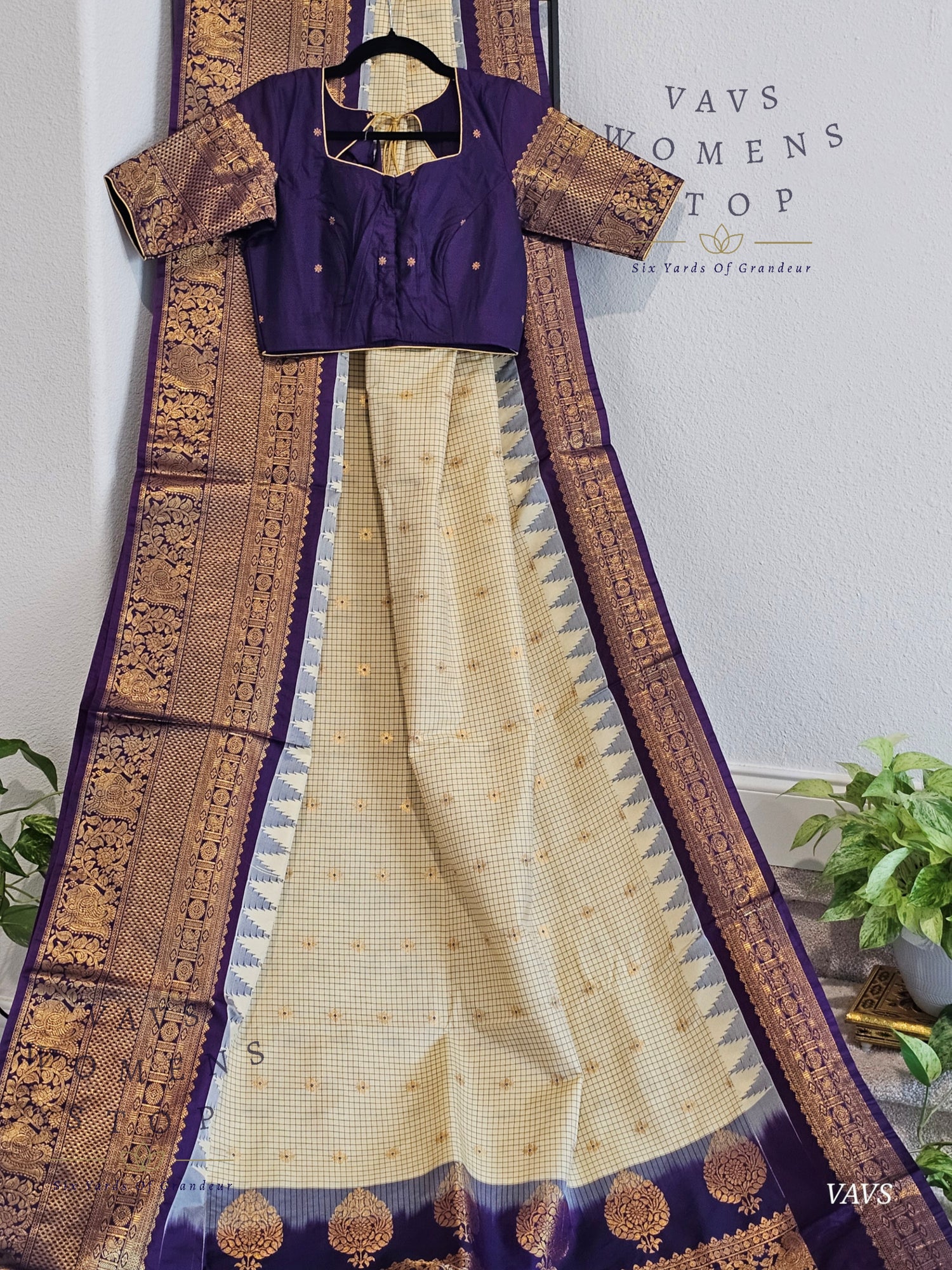 Cream Checks Semi Gadwal Saree with Purple Border – Traditional Classy Combination | Ready to Ship USA