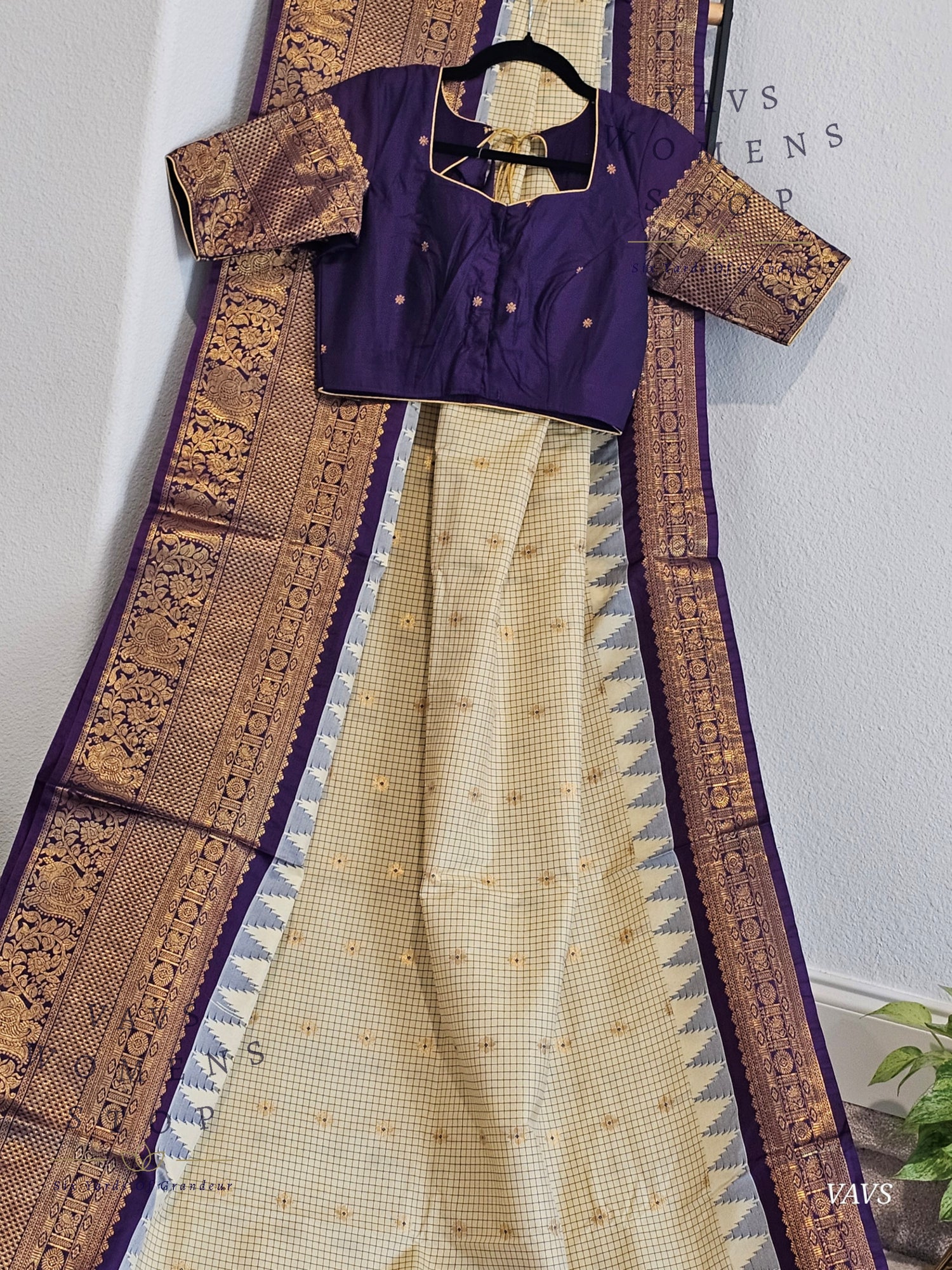 Cream Checks Semi Gadwal Saree with Purple Border – Traditional Classy Combination | Ready to Ship USA
