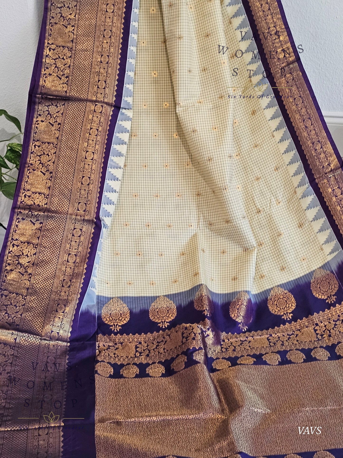 Cream Checks Semi Gadwal Saree with Purple Border – Traditional Classy Combination | Ready to Ship USA