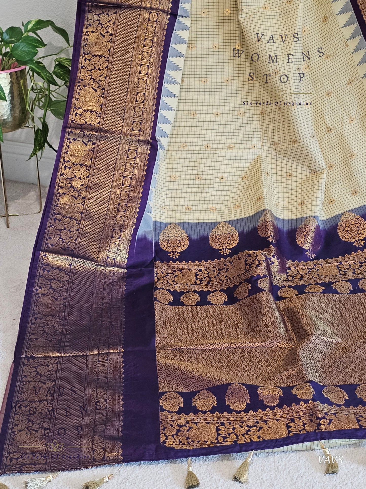 Cream Checks Semi Gadwal Saree with Purple Border – Traditional Classy Combination | Ready to Ship USA