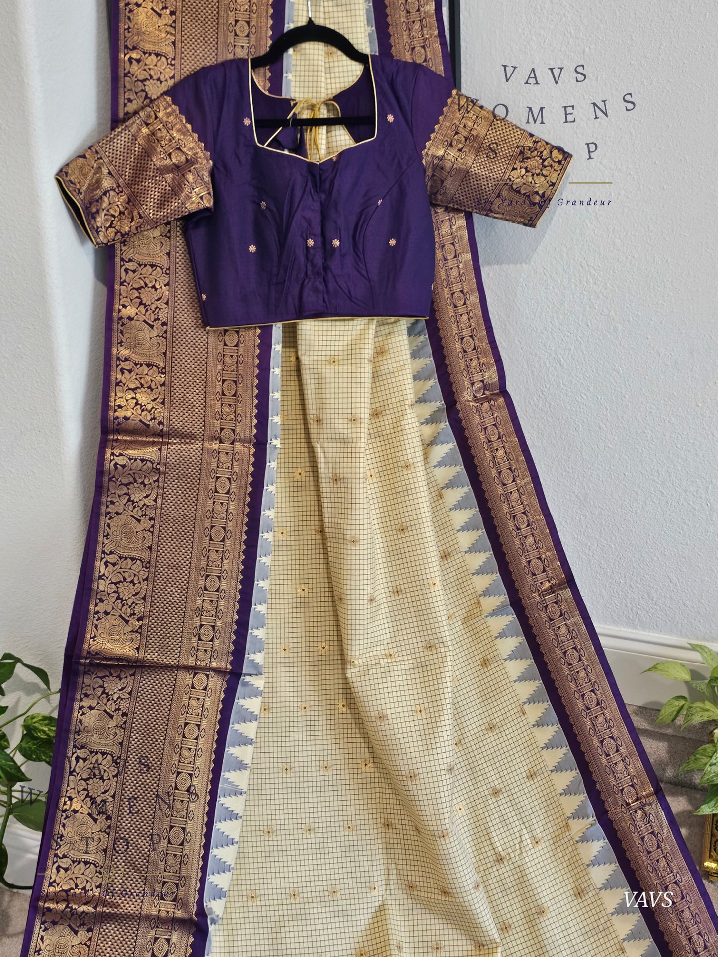 Cream Checks Semi Gadwal Saree with Purple Border – Traditional Classy Combination | Ready to Ship USA