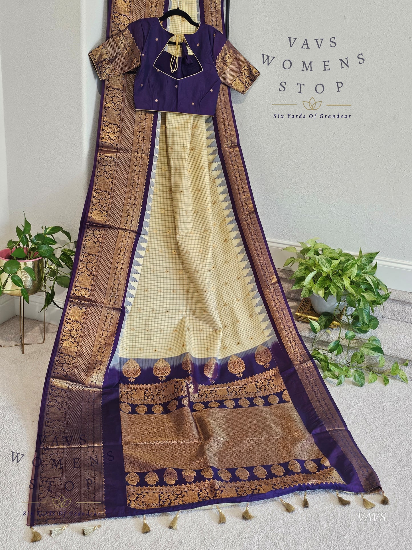 Cream Checks Semi Gadwal Saree with Purple Border – Traditional Classy Combination | Ready to Ship USA