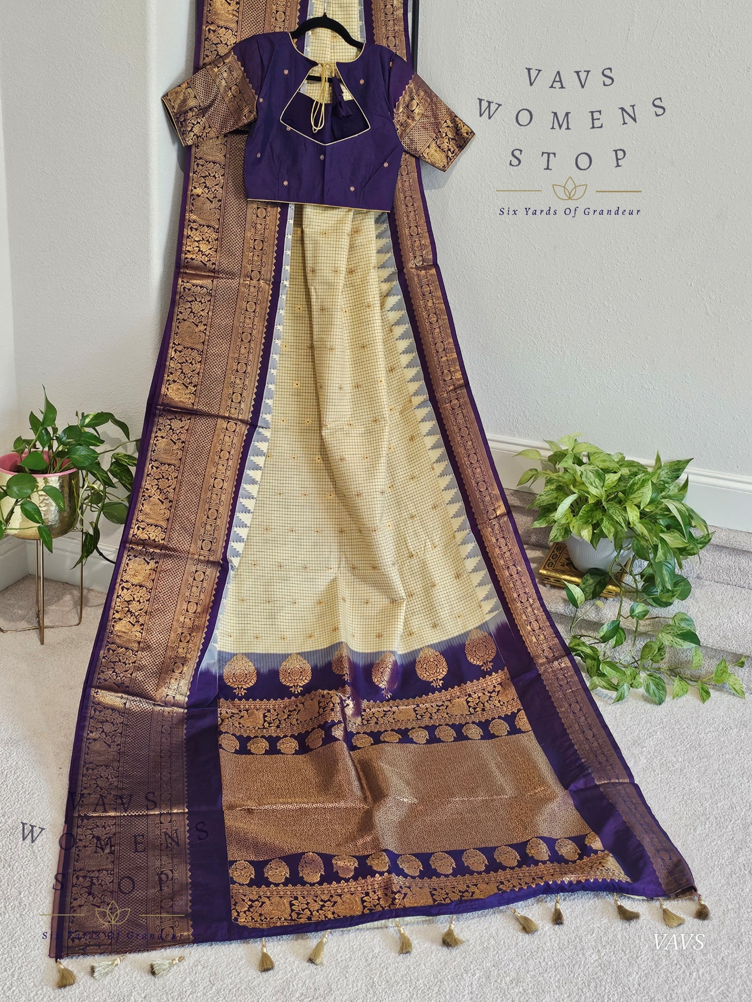 Cream Checks Semi Gadwal Saree with Purple Border – Traditional Classy Combination | Ready to Ship USA