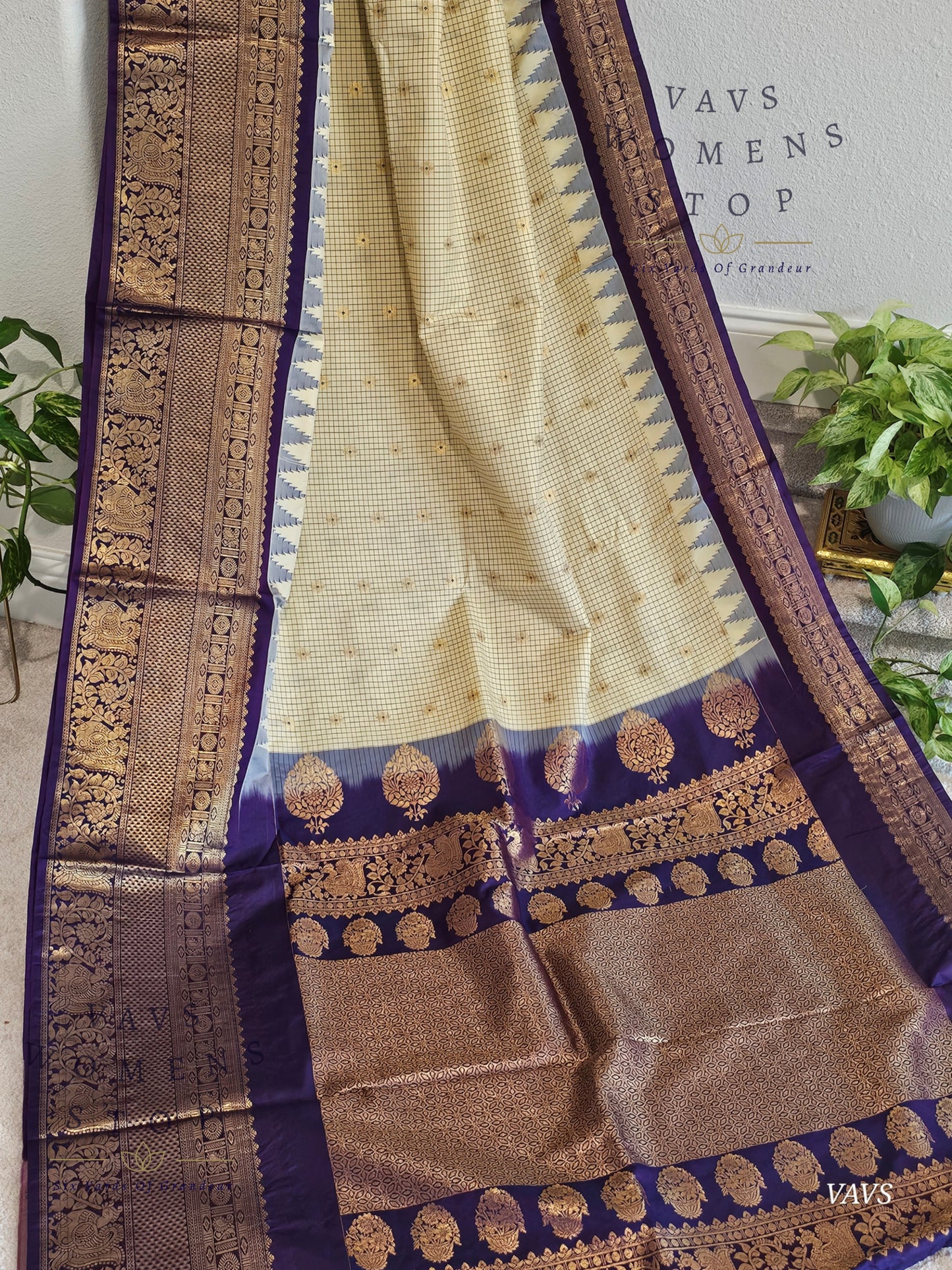 Cream Checks Semi Gadwal Saree with Purple Border – Traditional Classy Combination | Ready to Ship USA