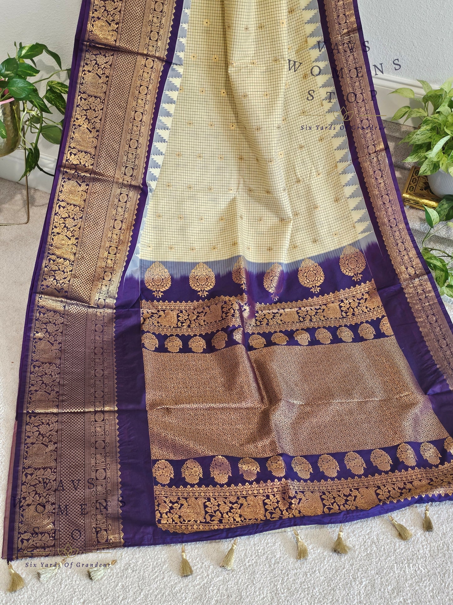Cream Checks Semi Gadwal Saree with Purple Border – Traditional Classy Combination | Ready to Ship USA