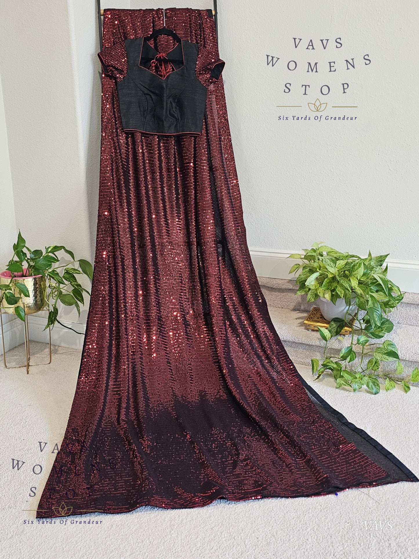 Designer Sequins Red & Black Net Saree – Glam Cocktail Party Wear with Stitched Blouse