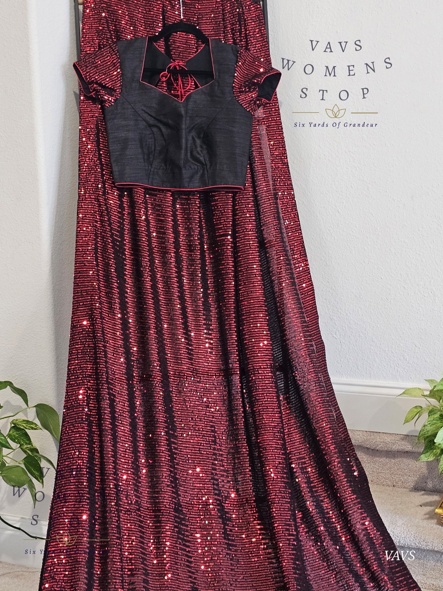 Designer Sequins Red & Black Net Saree – Glam Cocktail Party Wear with Stitched Blouse