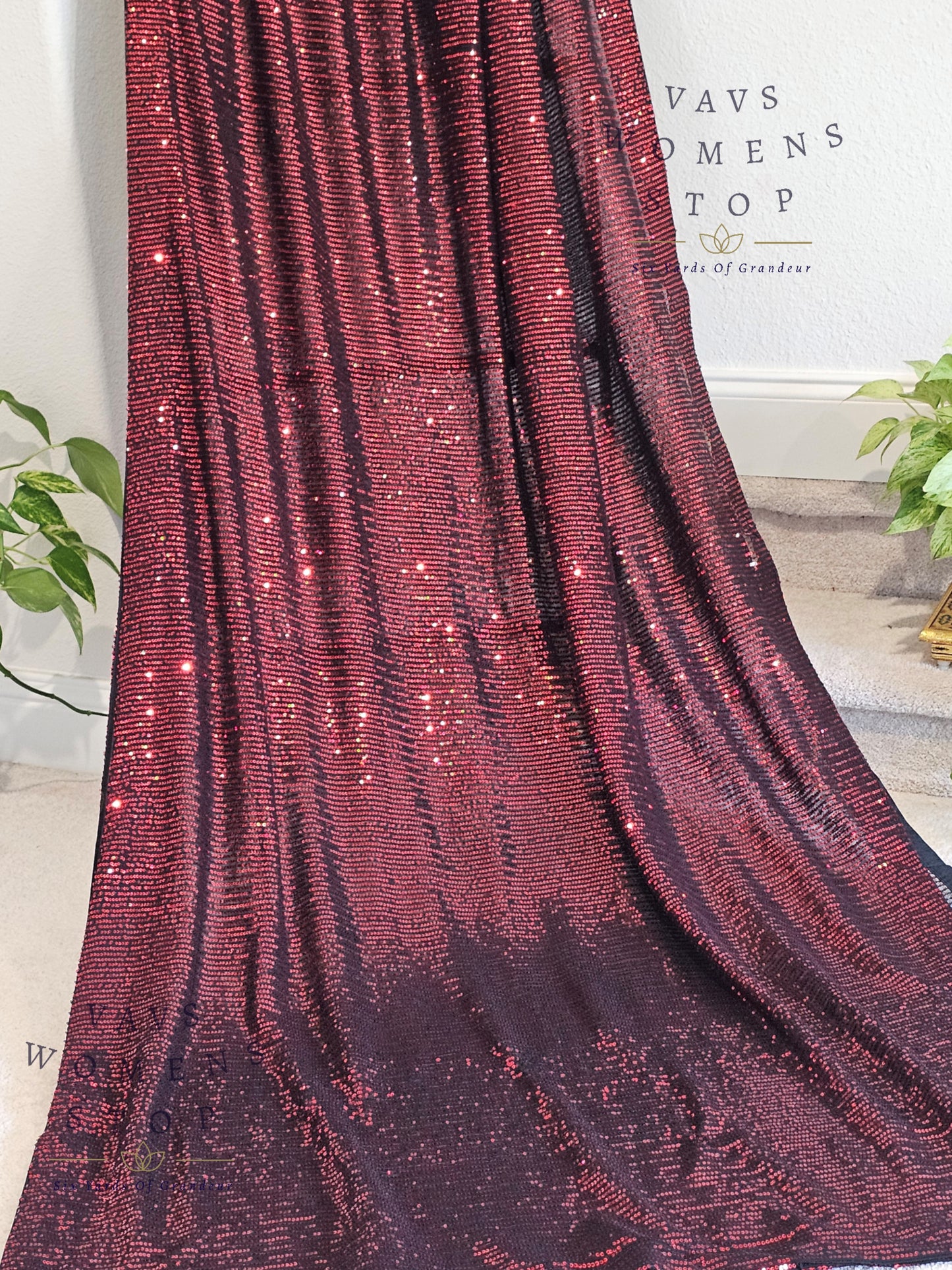 Designer Sequins Red & Black Net Saree – Glam Cocktail Party Wear with Stitched Blouse