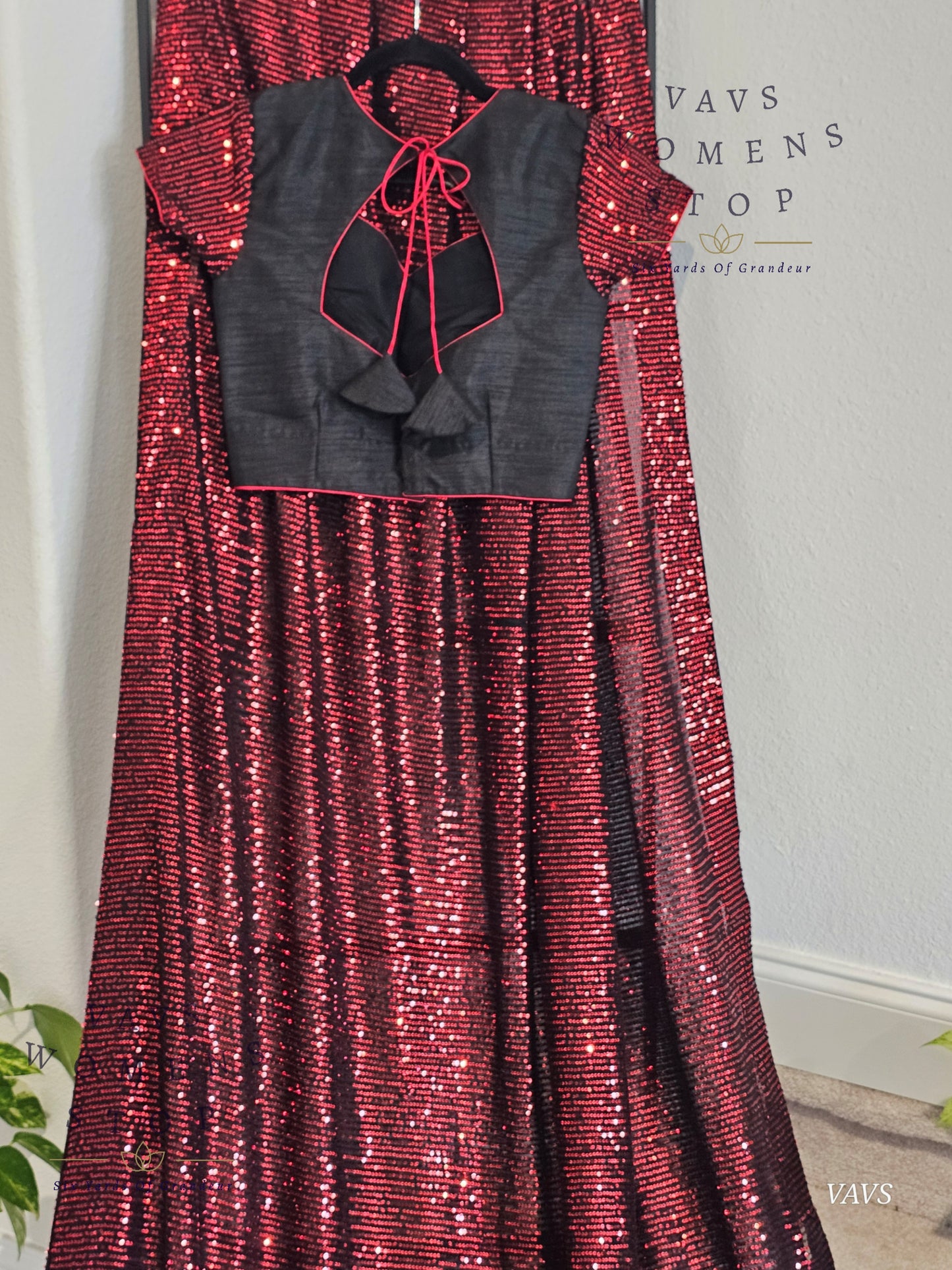 Designer Sequins Red & Black Net Saree – Glam Cocktail Party Wear with Stitched Blouse