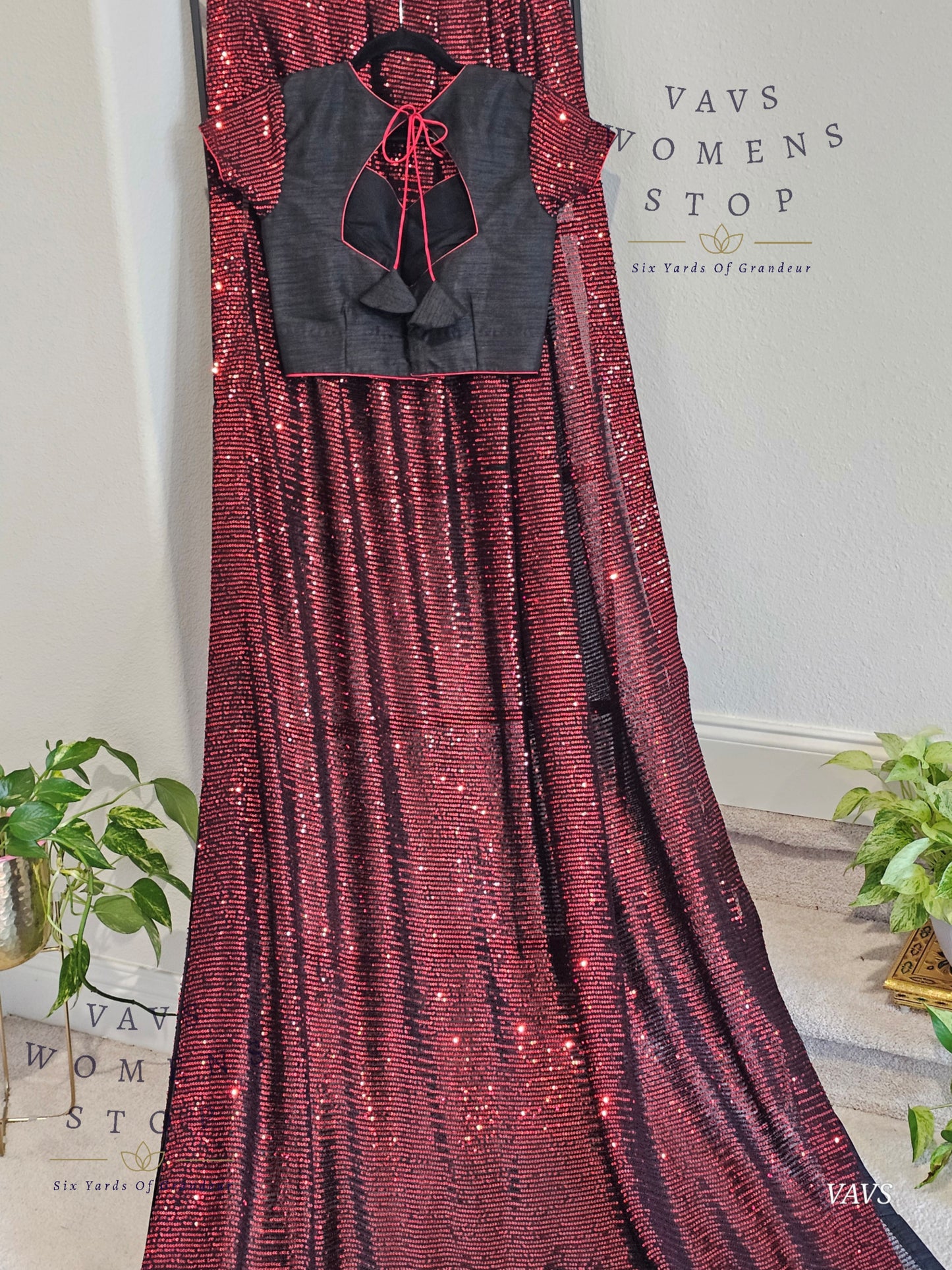 Designer Sequins Red & Black Net Saree – Glam Cocktail Party Wear with Stitched Blouse