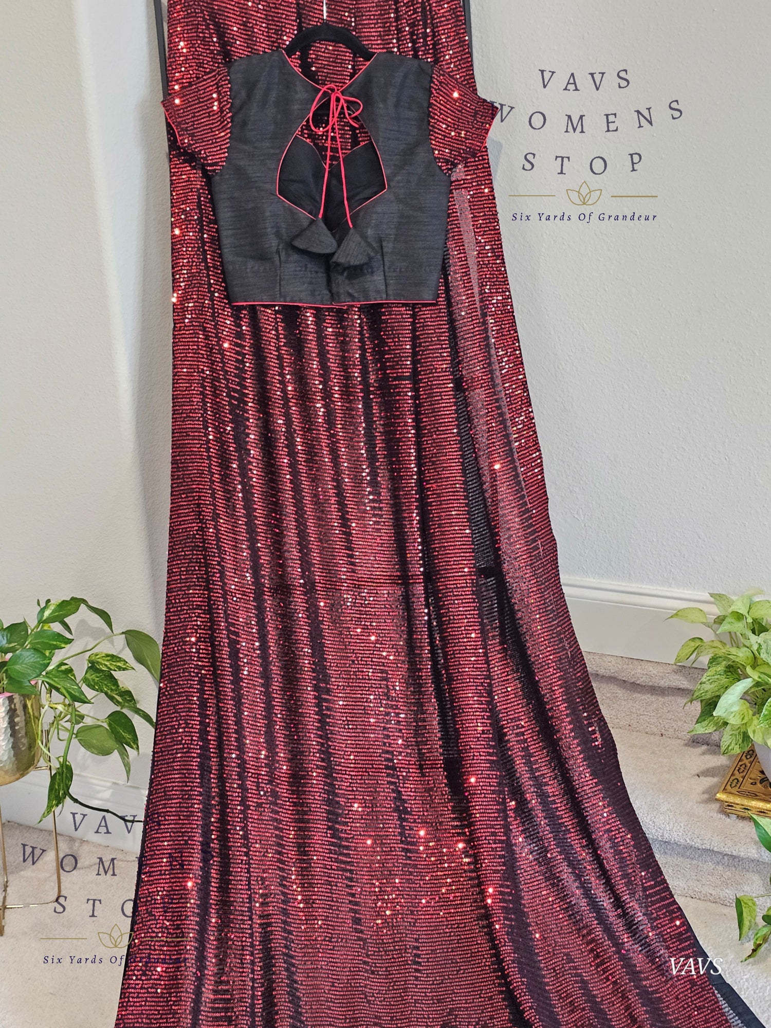 Designer Sequins Red & Black Net Saree – Glam Cocktail Party Wear with Stitched Blouse