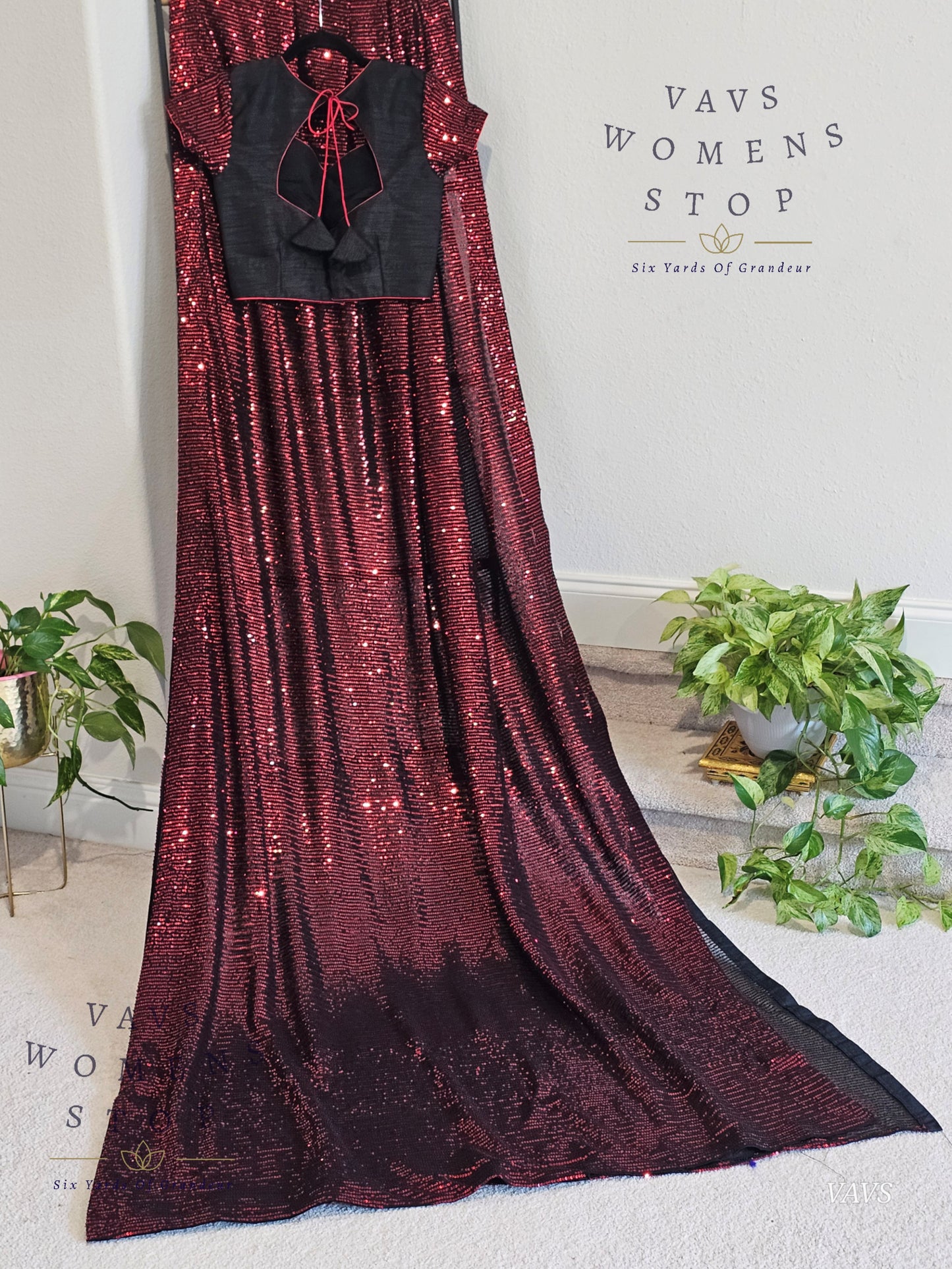 Designer Sequins Red & Black Net Saree – Glam Cocktail Party Wear with Stitched Blouse