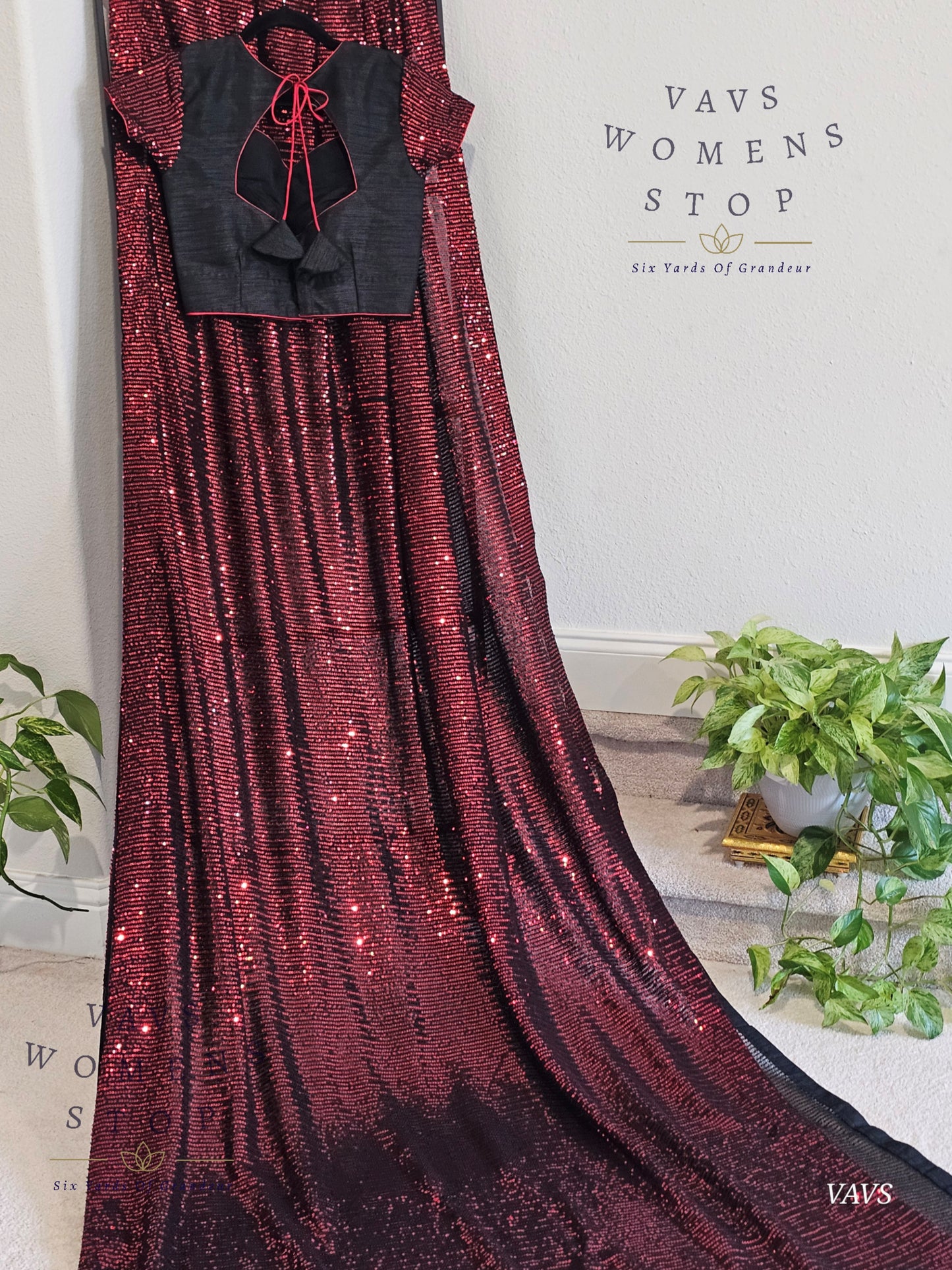 Designer Sequins Red & Black Net Saree – Glam Cocktail Party Wear with Stitched Blouse