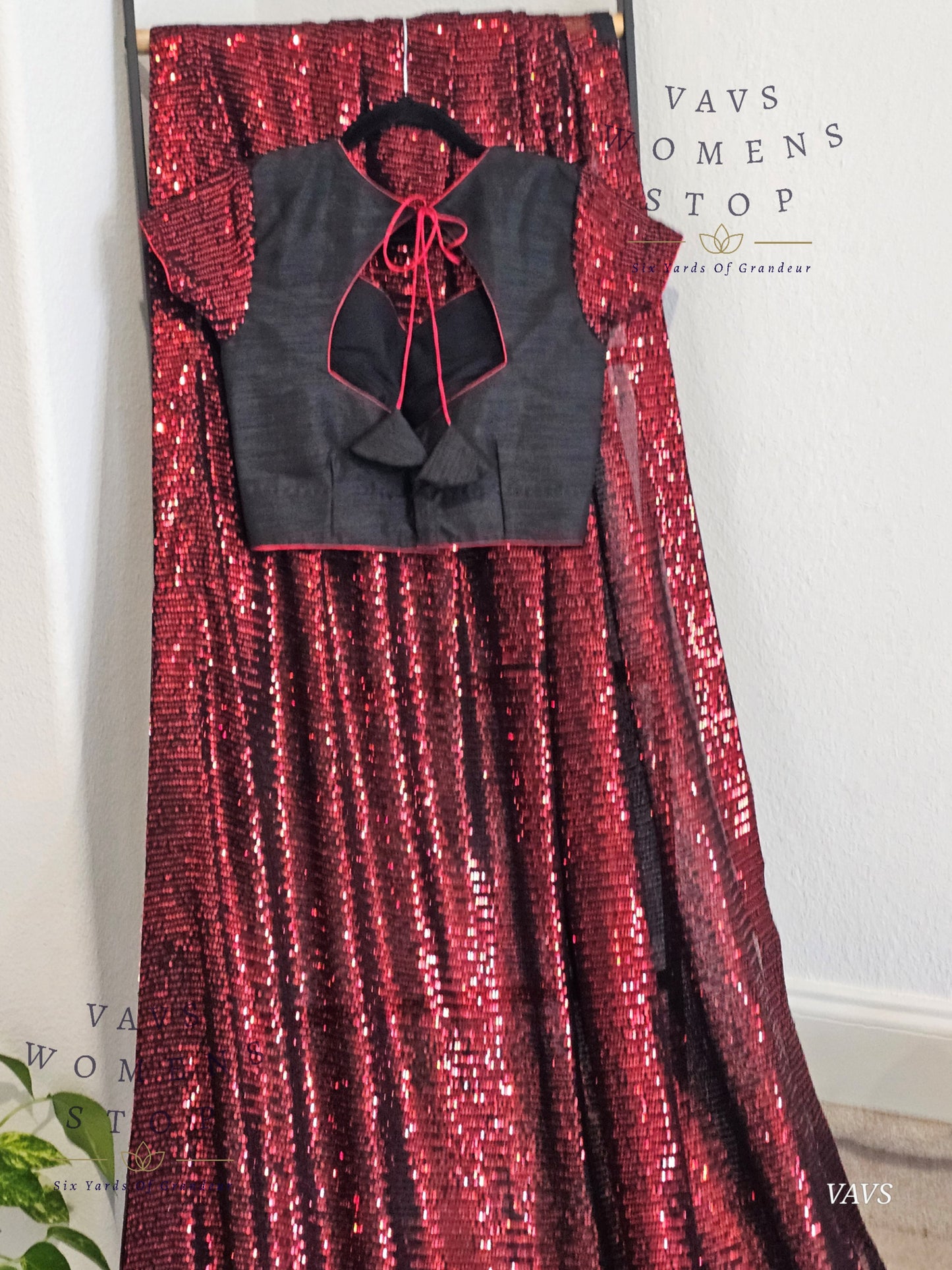 Designer Sequins Red & Black Net Saree – Glam Cocktail Party Wear with Stitched Blouse