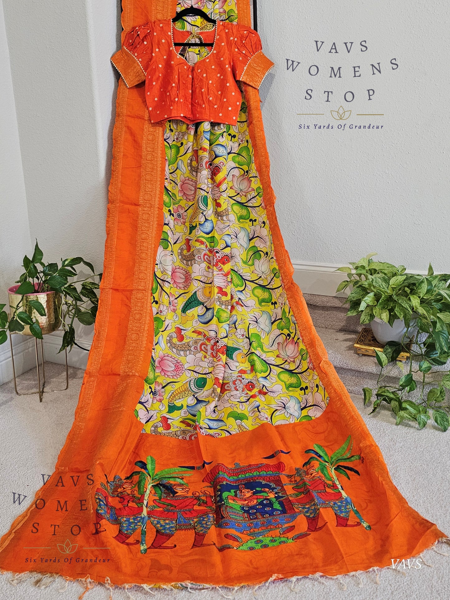 Elegant Yellow Mangalagiri Saree with Kalamkari Print & Orange Gap Border – Puff Sleeves Blouse – Ready to Ship