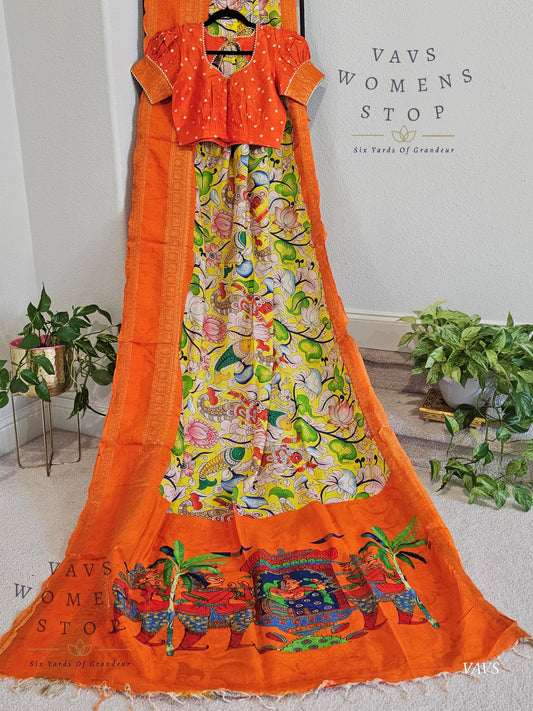 Elegant Yellow Mangalagiri Saree with Kalamkari Print & Orange Gap Border – Puff Sleeves Blouse – Ready to Ship