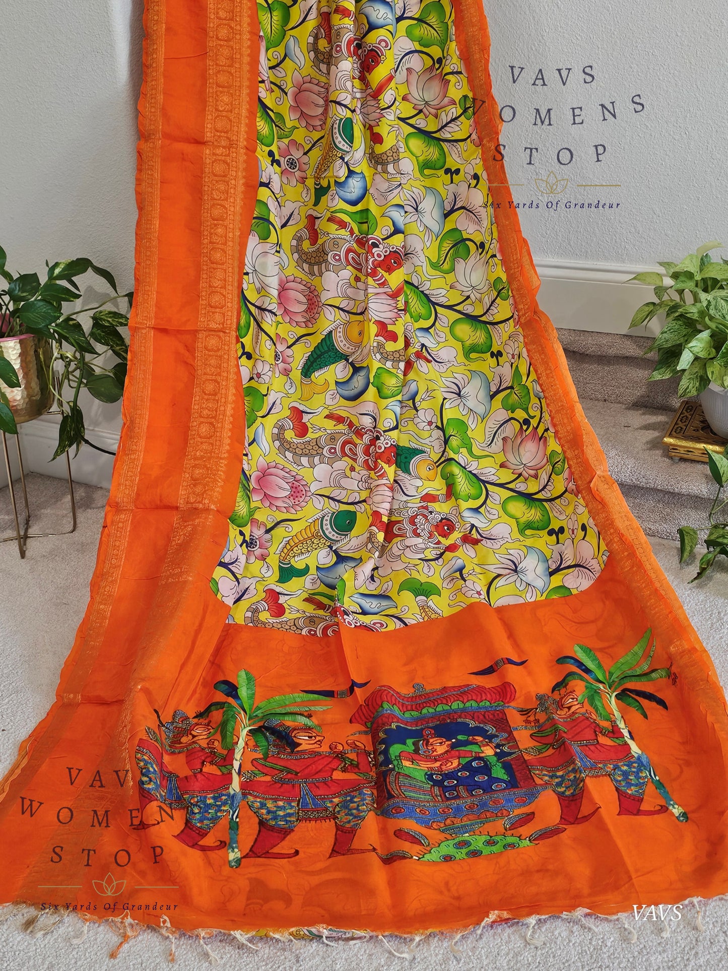 Elegant Yellow Mangalagiri Saree with Kalamkari Print & Orange Gap Border – Puff Sleeves Blouse – Ready to Ship