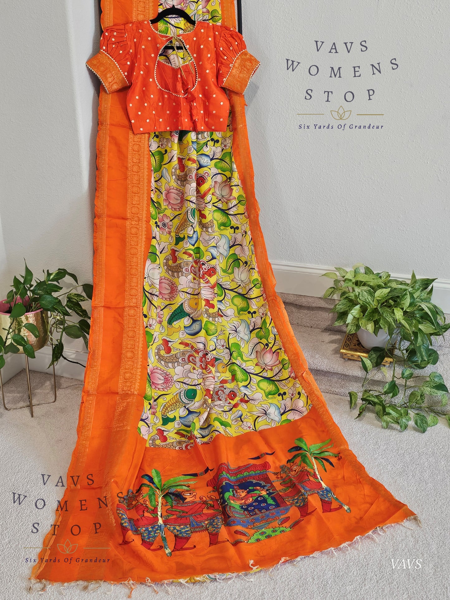 Elegant Yellow Mangalagiri Saree with Kalamkari Print & Orange Gap Border – Puff Sleeves Blouse – Ready to Ship