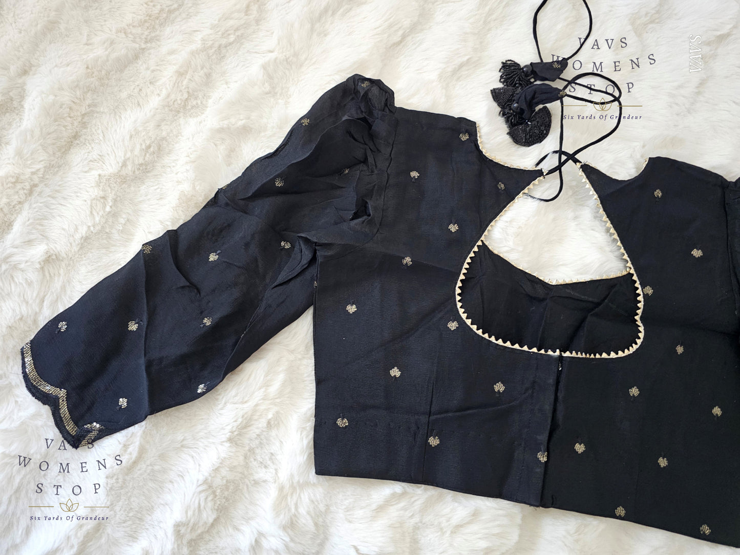 Black Chinon Chiffon Designer Blouse 3/4 Sleeves Pattern