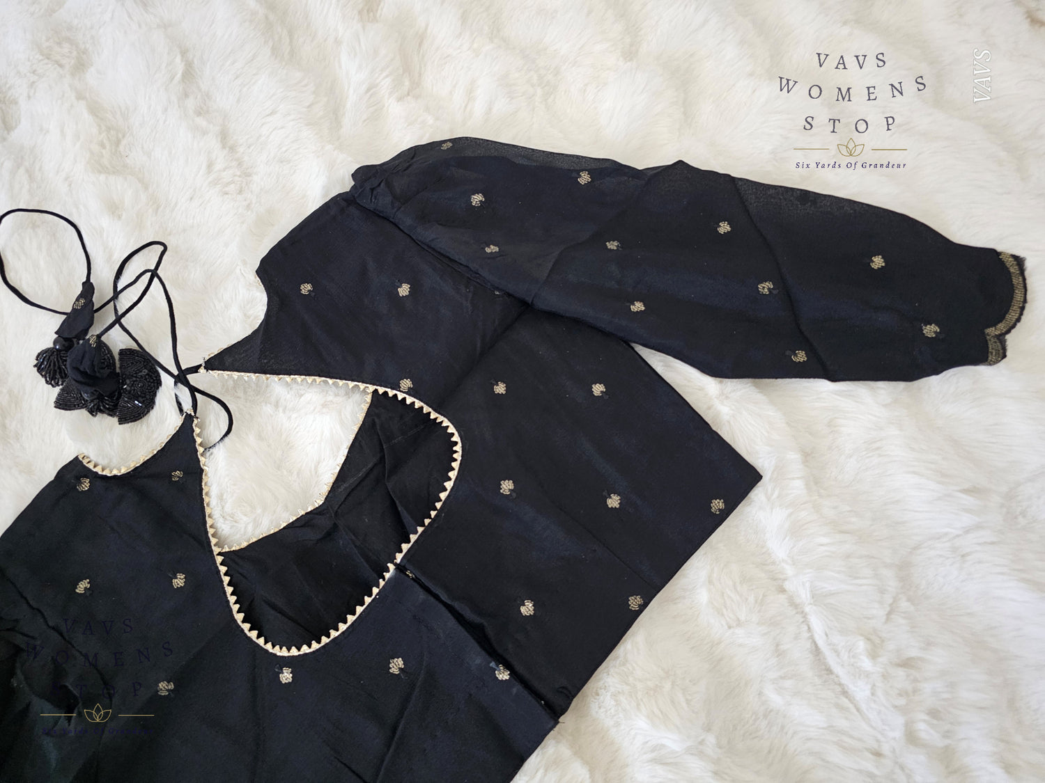 Black Chinon Chiffon Designer Blouse 3/4 Sleeves Pattern