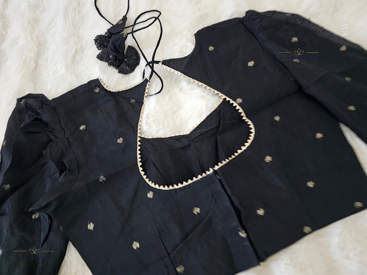 Black Chinon Chiffon Designer Blouse 3/4 Sleeves Pattern