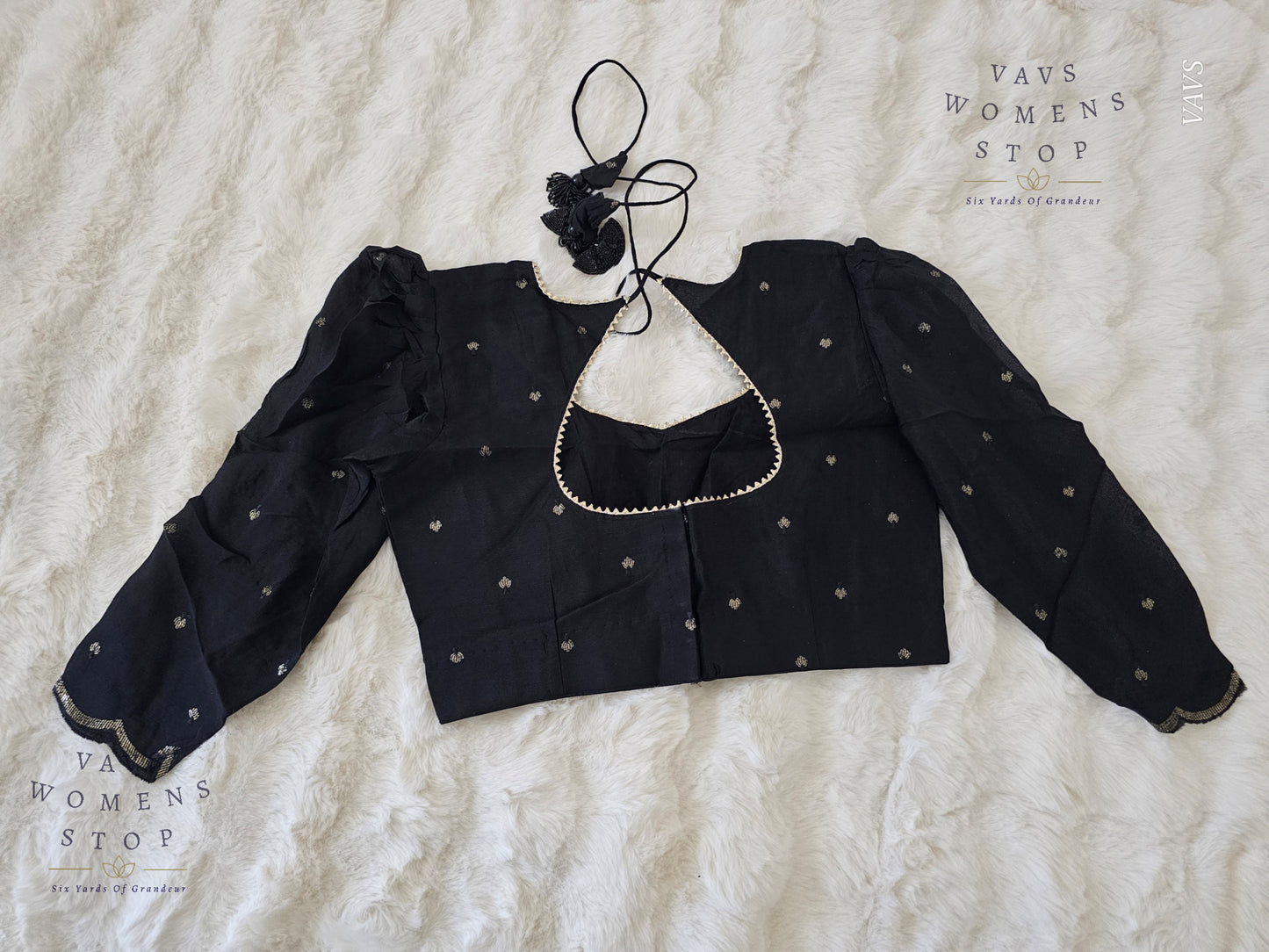 Black Chinon Chiffon Designer Blouse 3/4 Sleeves Pattern