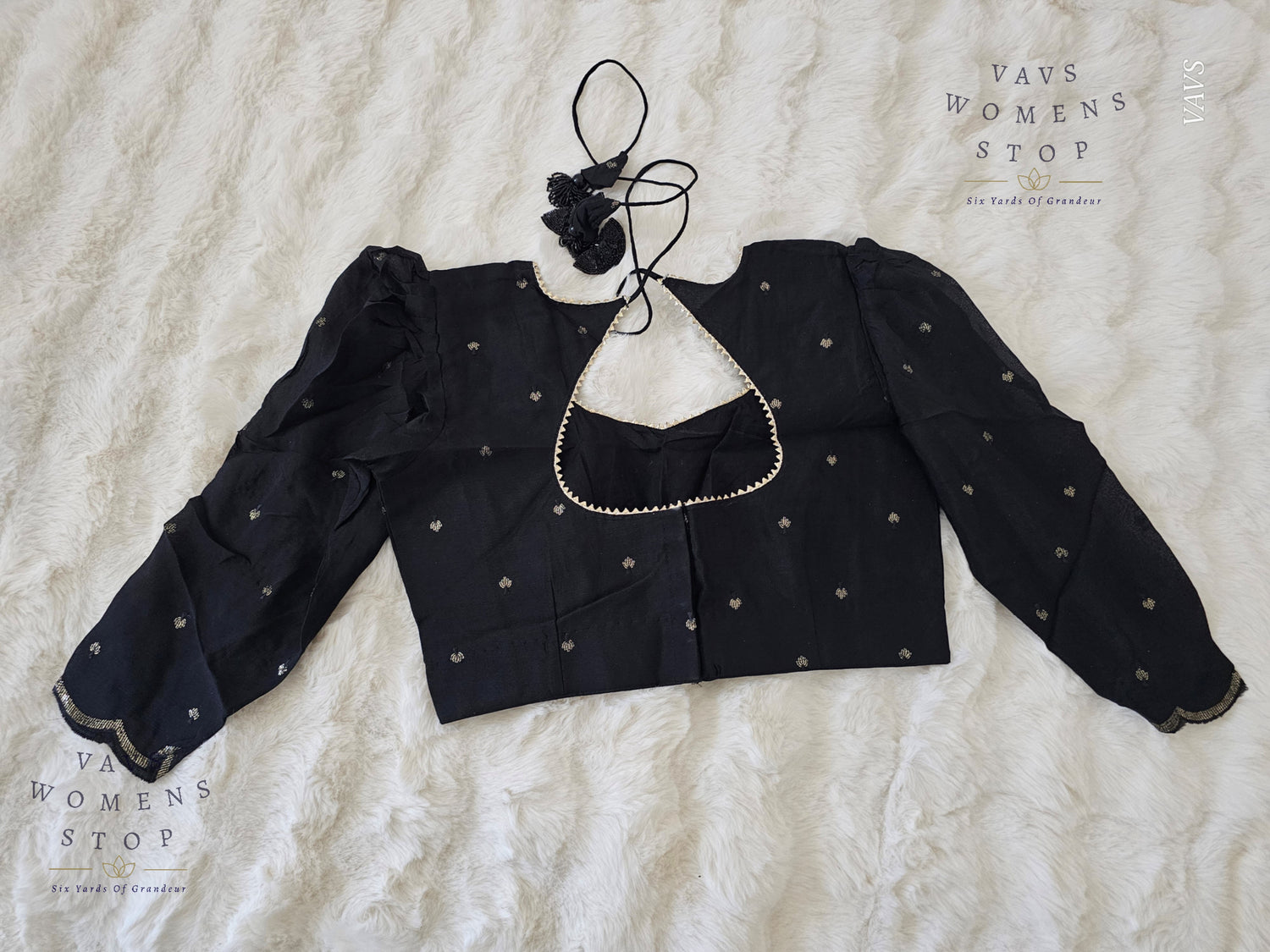 Black Chinon Chiffon Designer Blouse 3/4 Sleeves Pattern