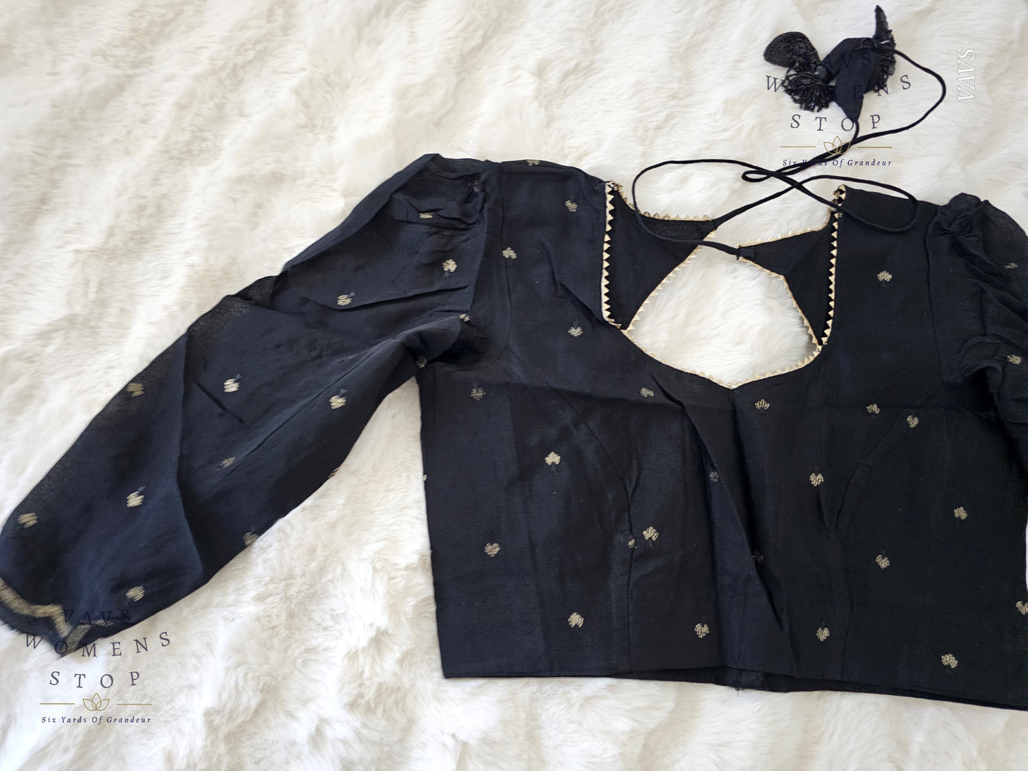 Black Chinon Chiffon Designer Blouse 3/4 Sleeves Pattern