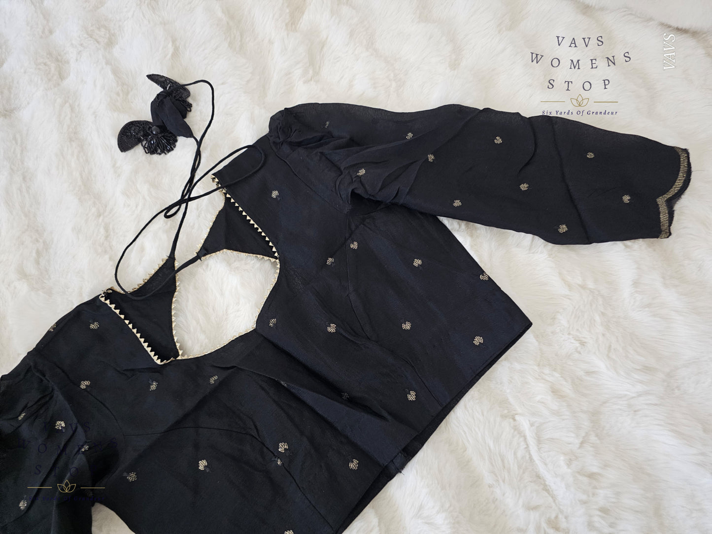 Black Chinon Chiffon Designer Blouse 3/4 Sleeves Pattern