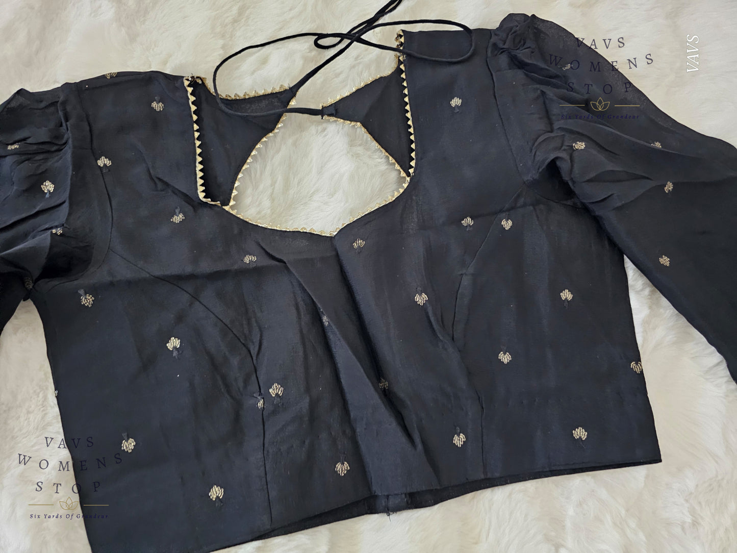 Black Chinon Chiffon Designer Blouse 3/4 Sleeves Pattern